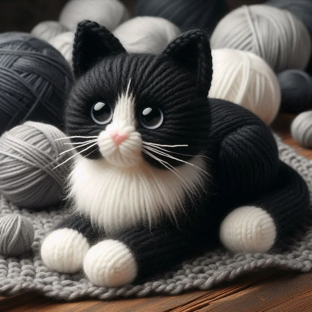 Knitted Black and White Cat Birthday Card