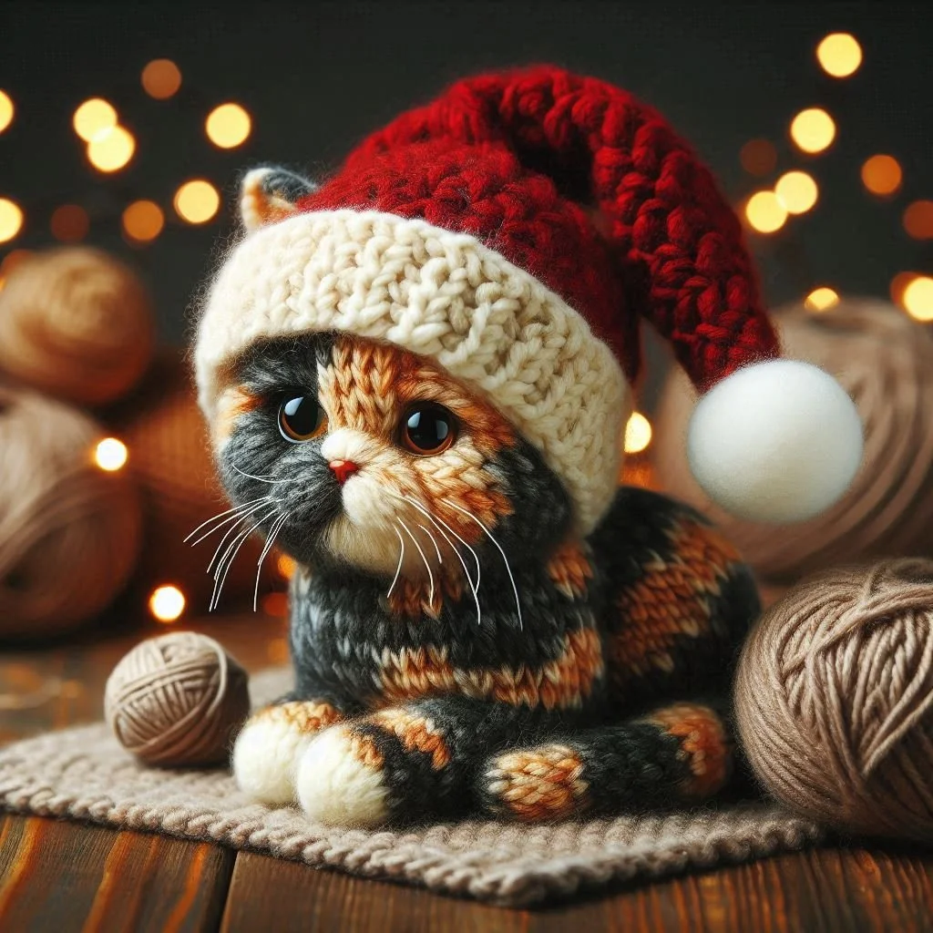 Knitted Tortoiseshell Cat Christmas Card