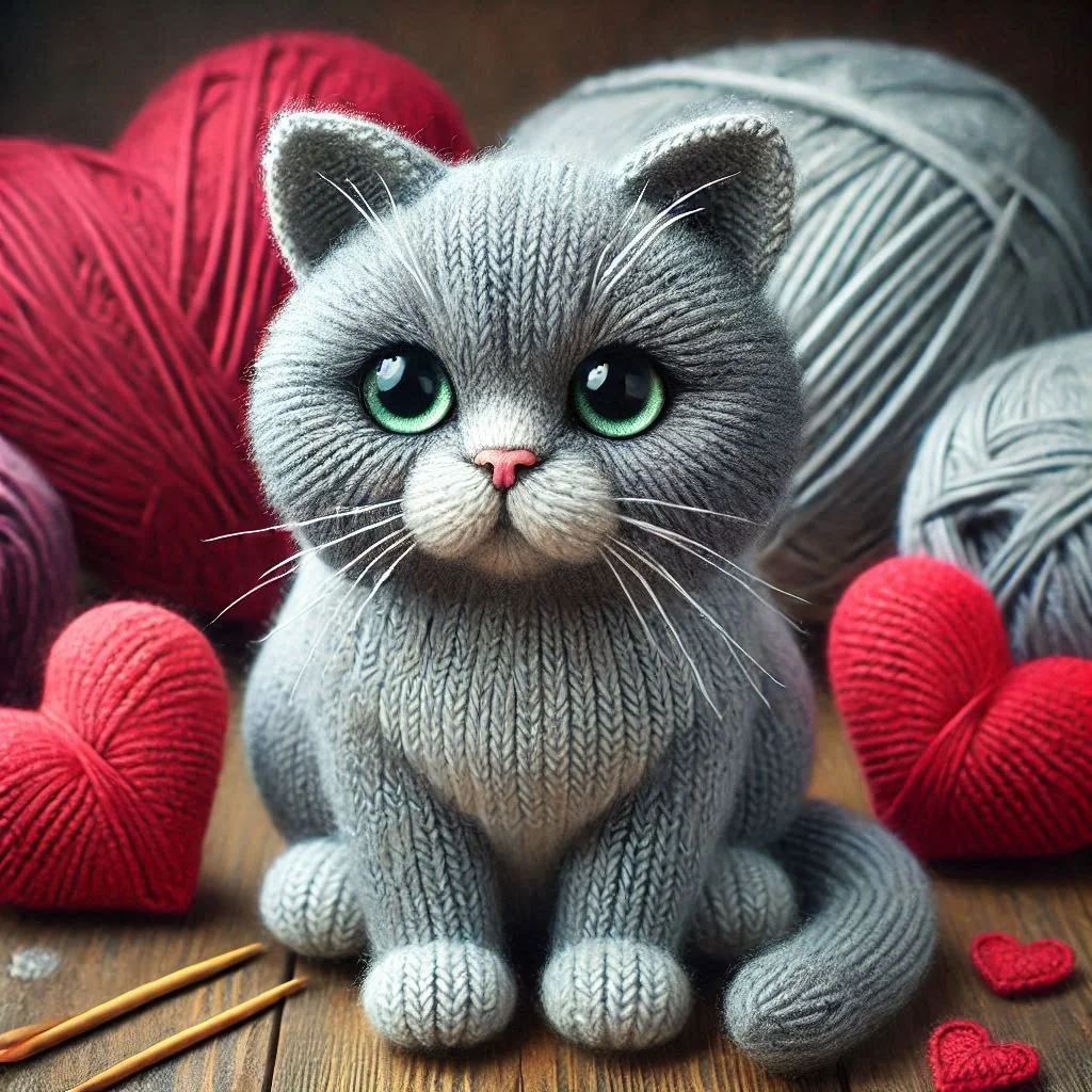 Knitted Grey Cat Valentines Card