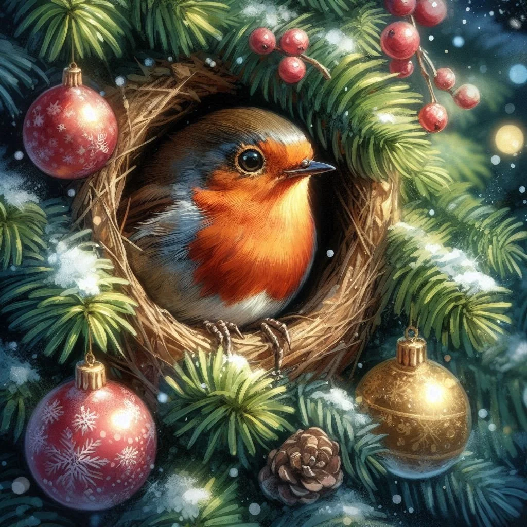 Robin in nest Christmas Card