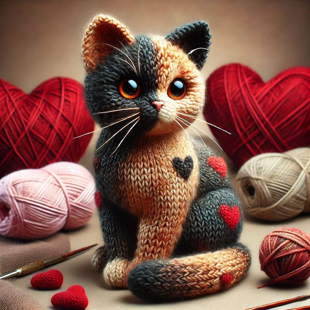 Knitted Tortoiseshell Cat Valentines Card