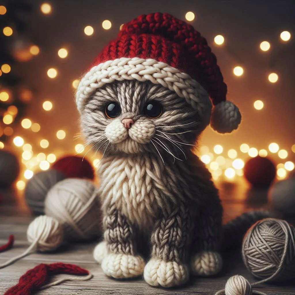 Knitted Tabby Cat Christmas Card
