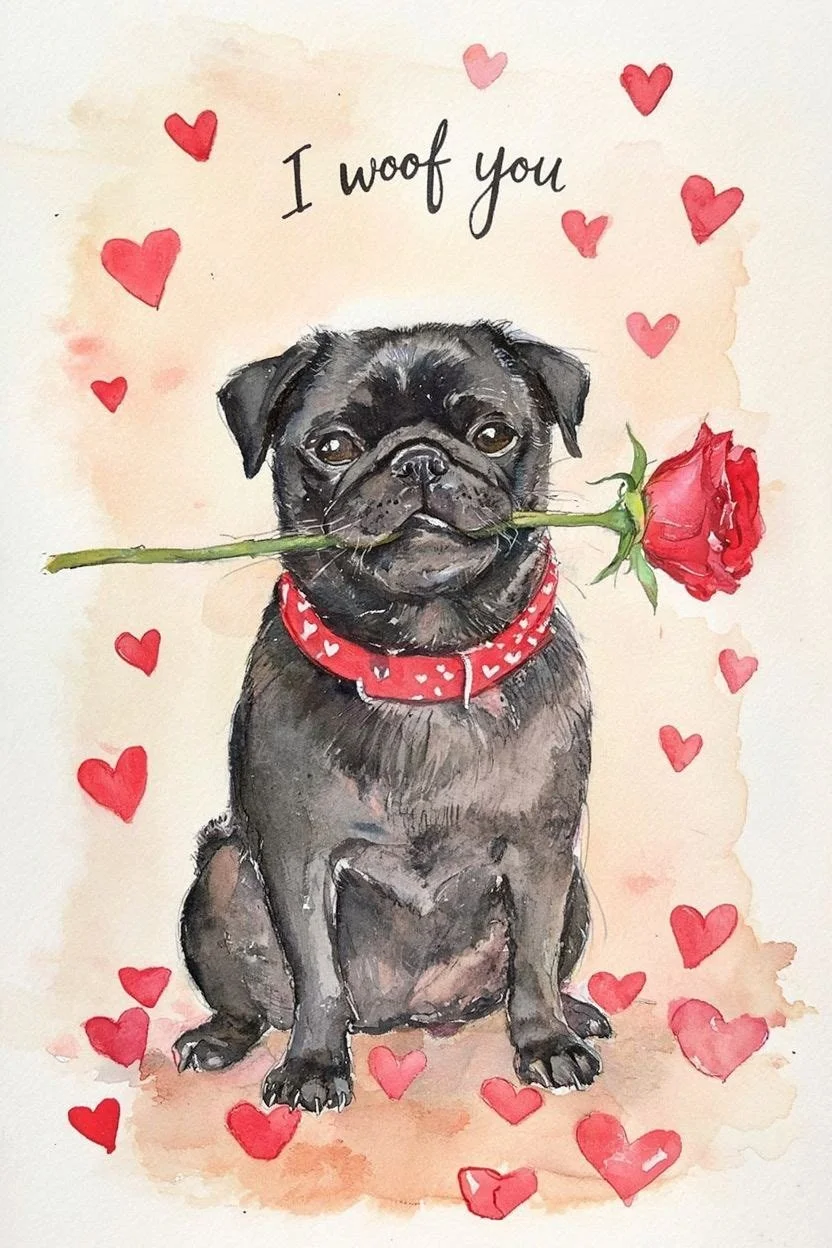 Large Black Pug Valentine Card