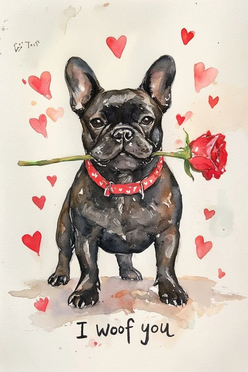 Large Black French Bulldog Valentine Card