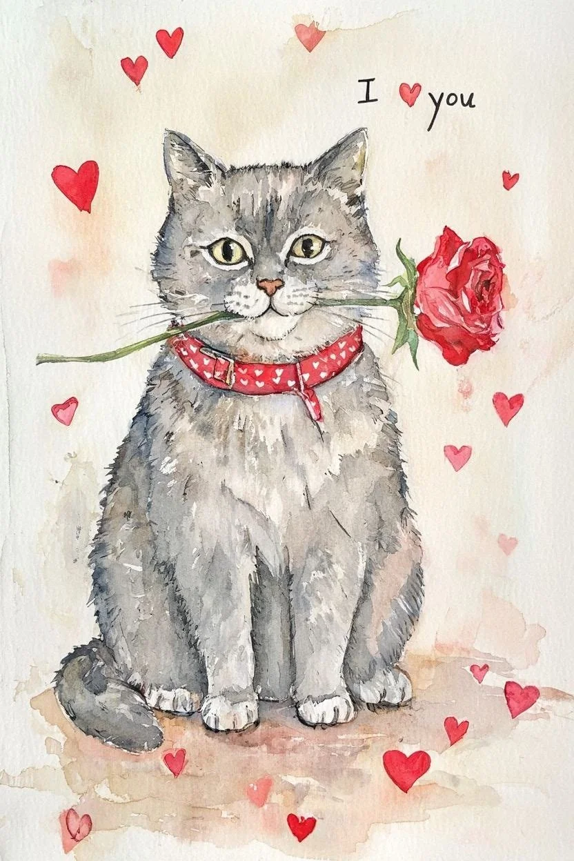Large Grey Cat Valentine Card