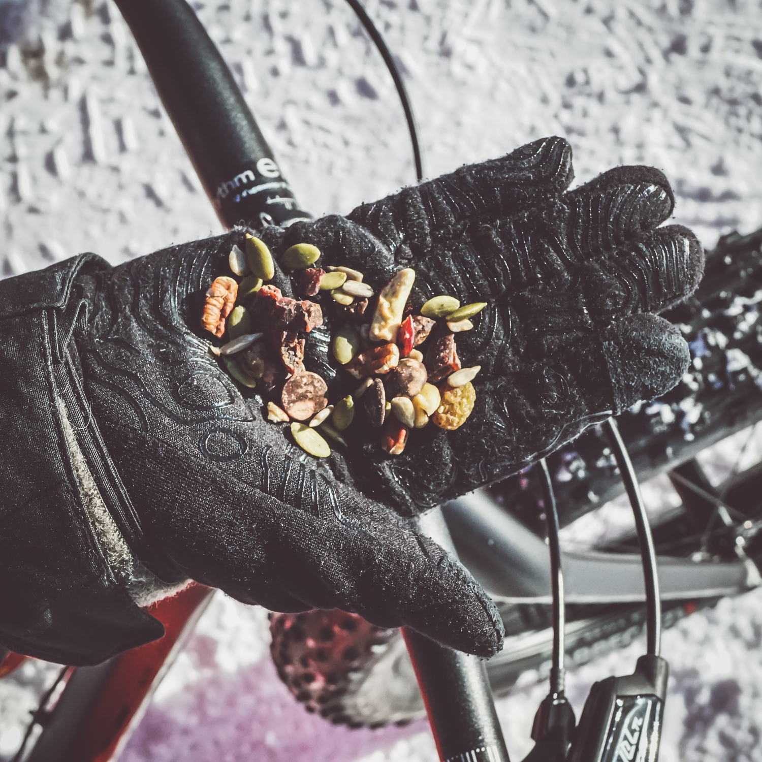 Trail Mix with Jerky enjoyed after a winter bike ride 