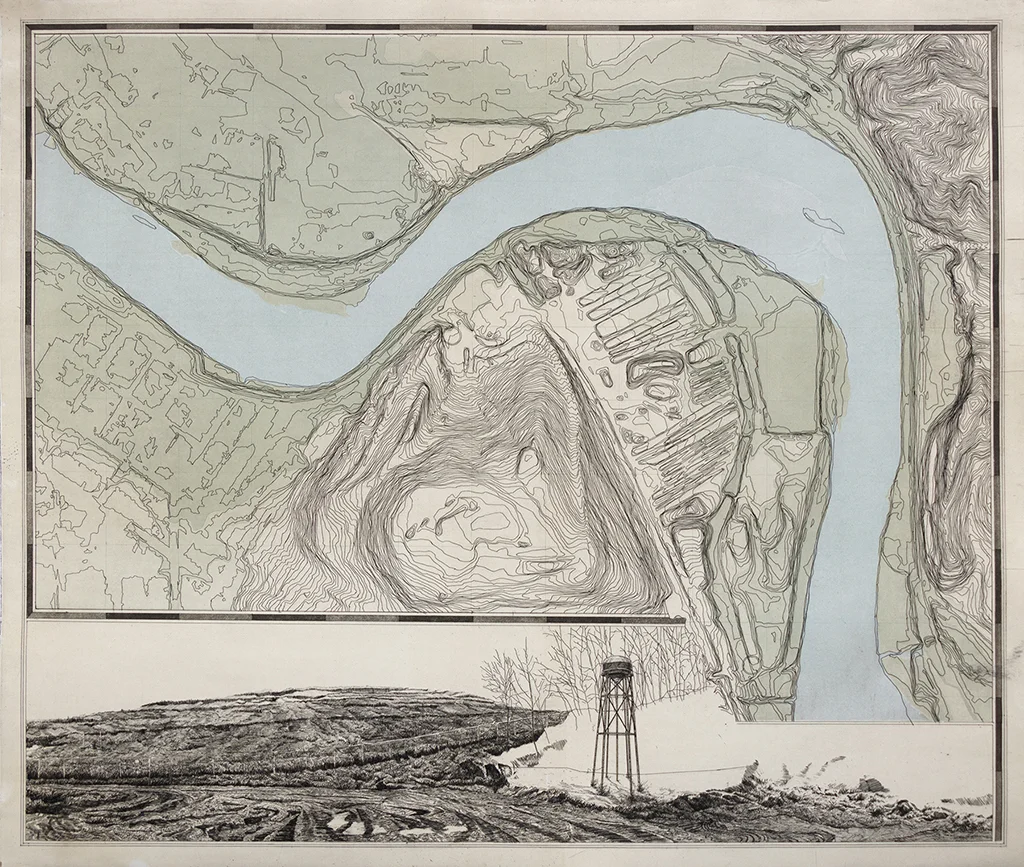 Contingency Plan (Map). Etching on paper (printed with ferric chloride and iron sulfate pigment), 24x28 inches. Courtesy of the artist.