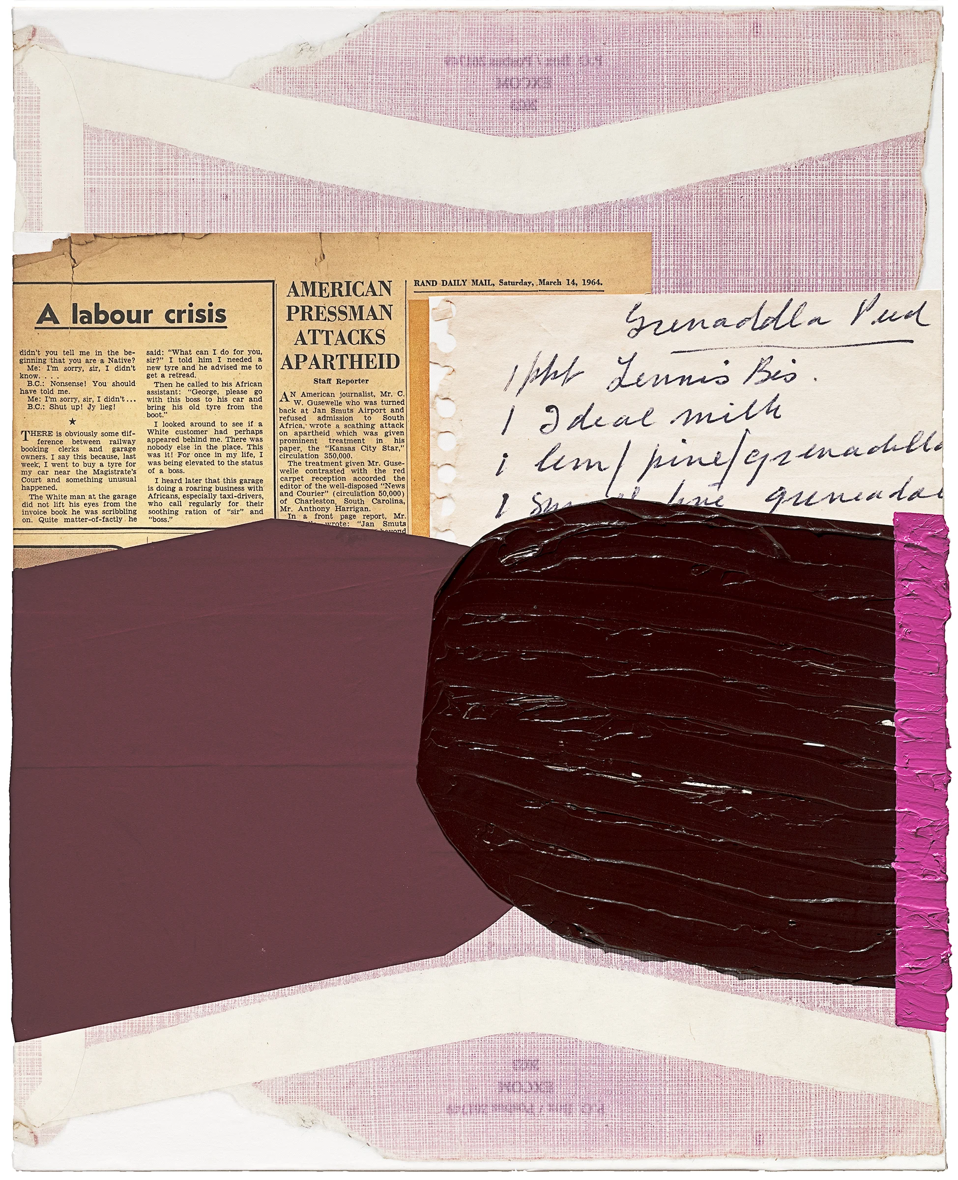 Jo Smail, A Labor Crisis, 2017. Acrylic, paper, and archival print on canvas, 50 x 40 in. Courtesy Goya Contemporary.