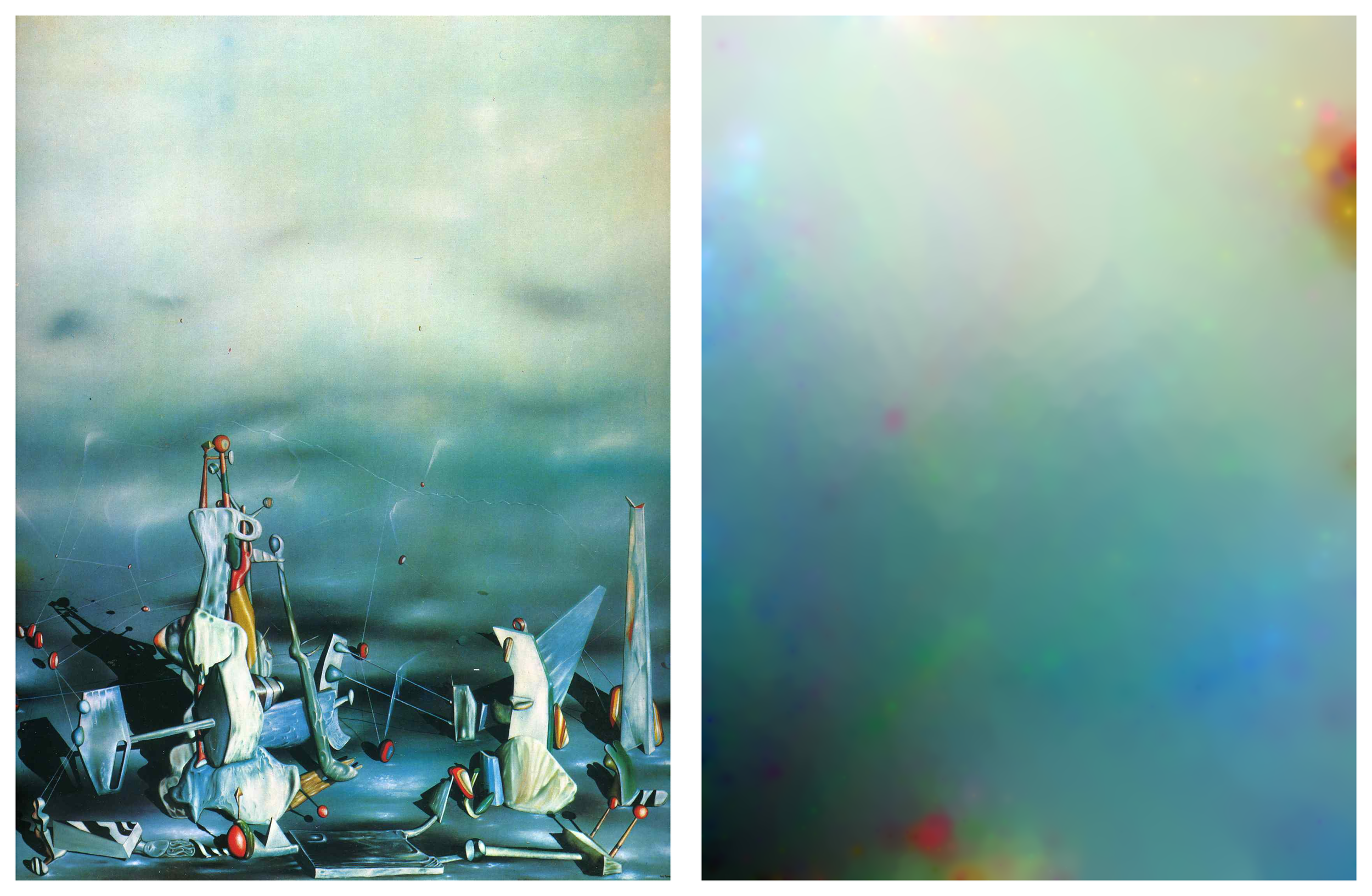 Palace of Windowed Rocks . (left) Yves Tanguy (1942). Machines of the Present Consume the Imaginations of the Past , (right) work in progress (2016). Image courtesy of the artist.