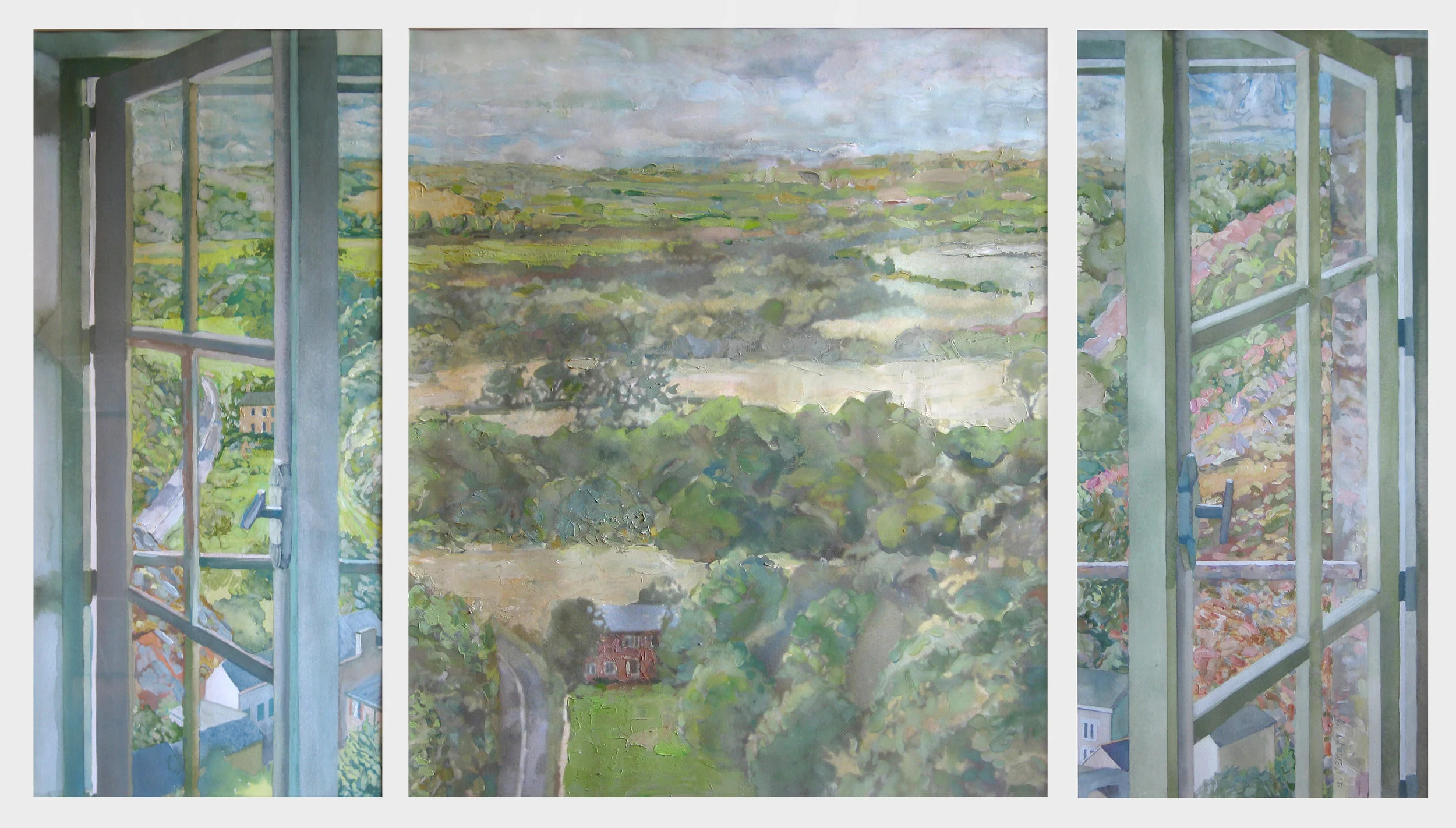 Barry Nemitt, View of Valley with Open Windows , Brittany, 1998. Gouache on paper, 48 x 72 in. Courtesy of the artist, Collection of Mrs. Geri and Dr. Bruce Schirmer.