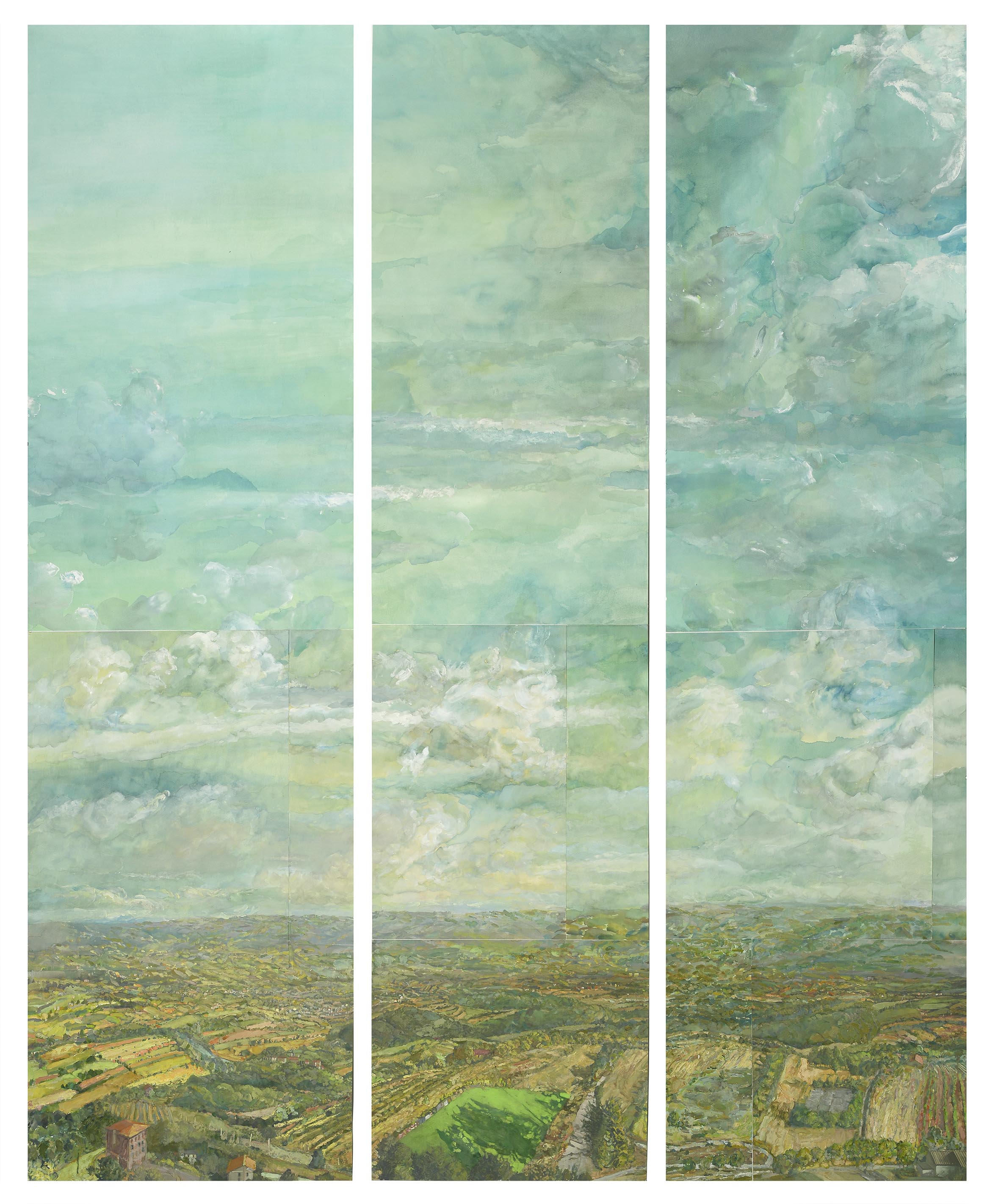 Barry Nemitt, View from Montecastello, Triptych, 2017. Gouache on paper, 83 x 67 in. Collection of Jim and Carol Trawick Foundation.