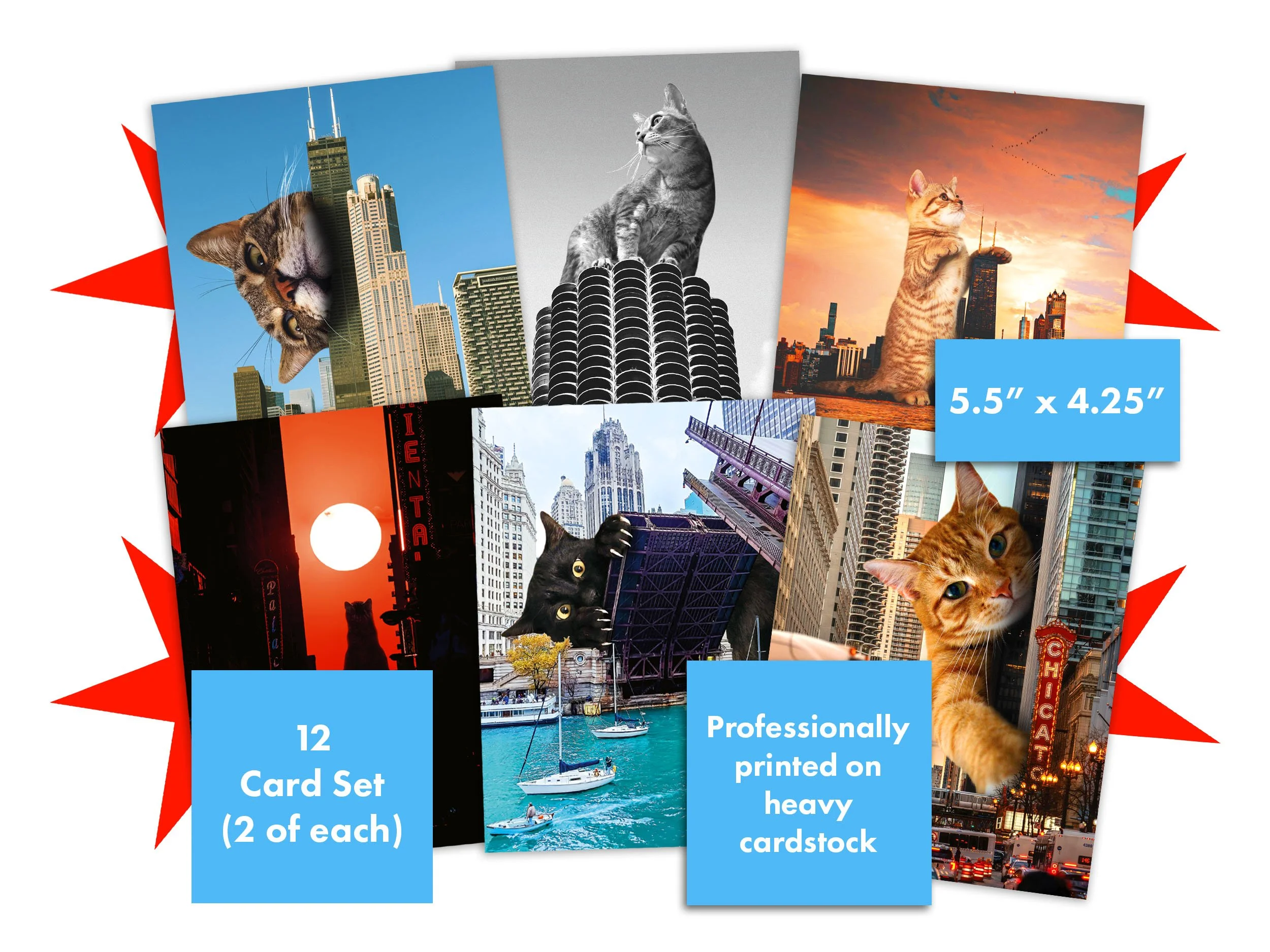 High quality professionally printed postcards featuring enormous cats around Chicagoland's most famous locations. Made by digital collage artist Matt McCarthy.