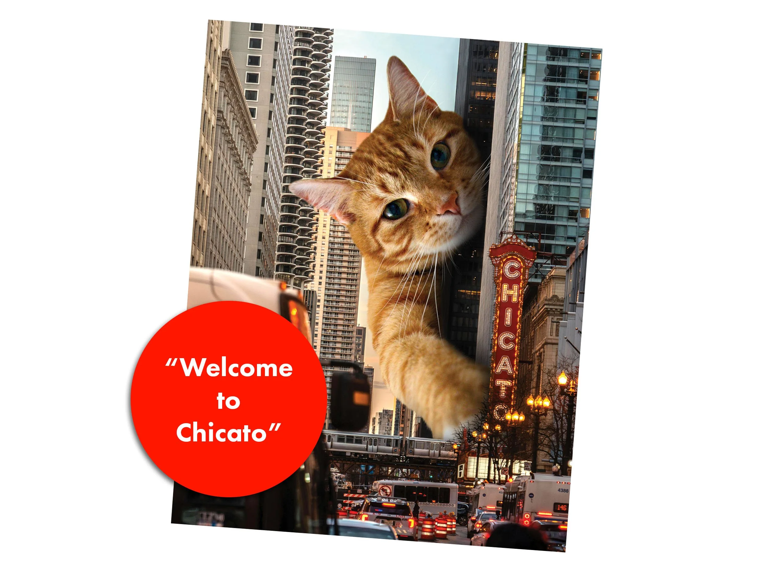 Welcome to Chicato - A giant orange cat reaches toward the viewer in this Chicago area street scene from cat artist Matt McCarthy