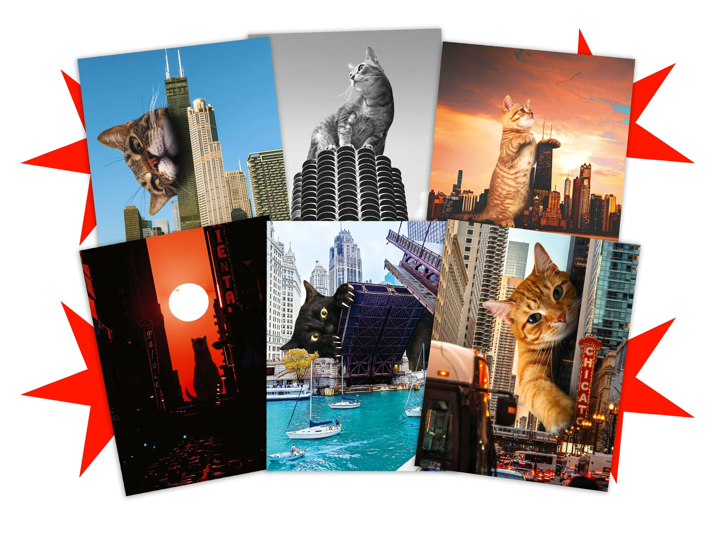 Chicago Cats Postcard Set featuring gigantic cats in an around Chicago, Illinois. Designed by surreal collage artist MrMattMcCarthy