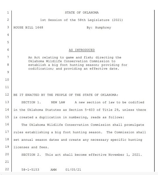 Oklahoma lawmaker introduces bill to establish Bigfoot hunting season