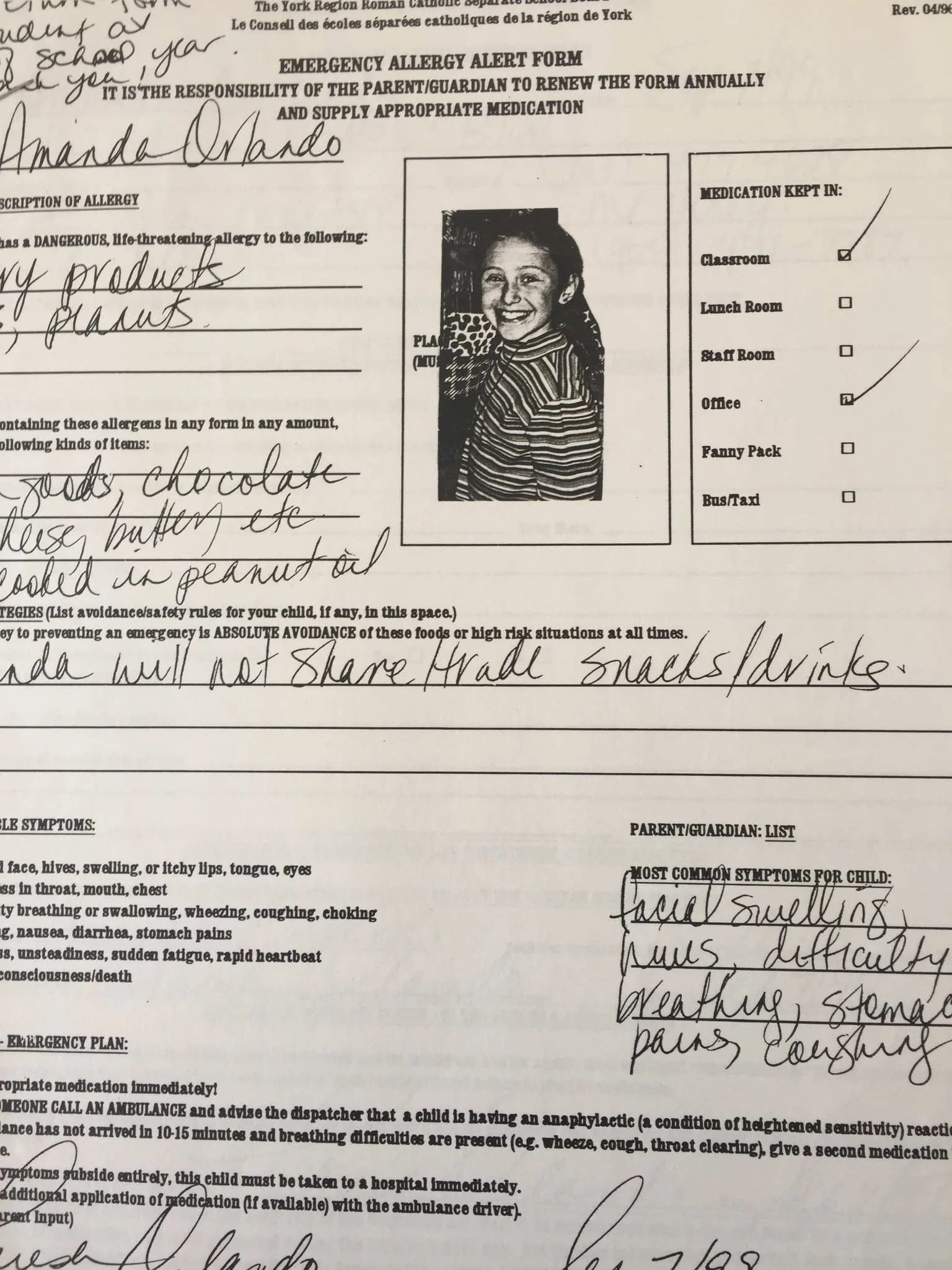 My elementary school student information form regarding my food allergies