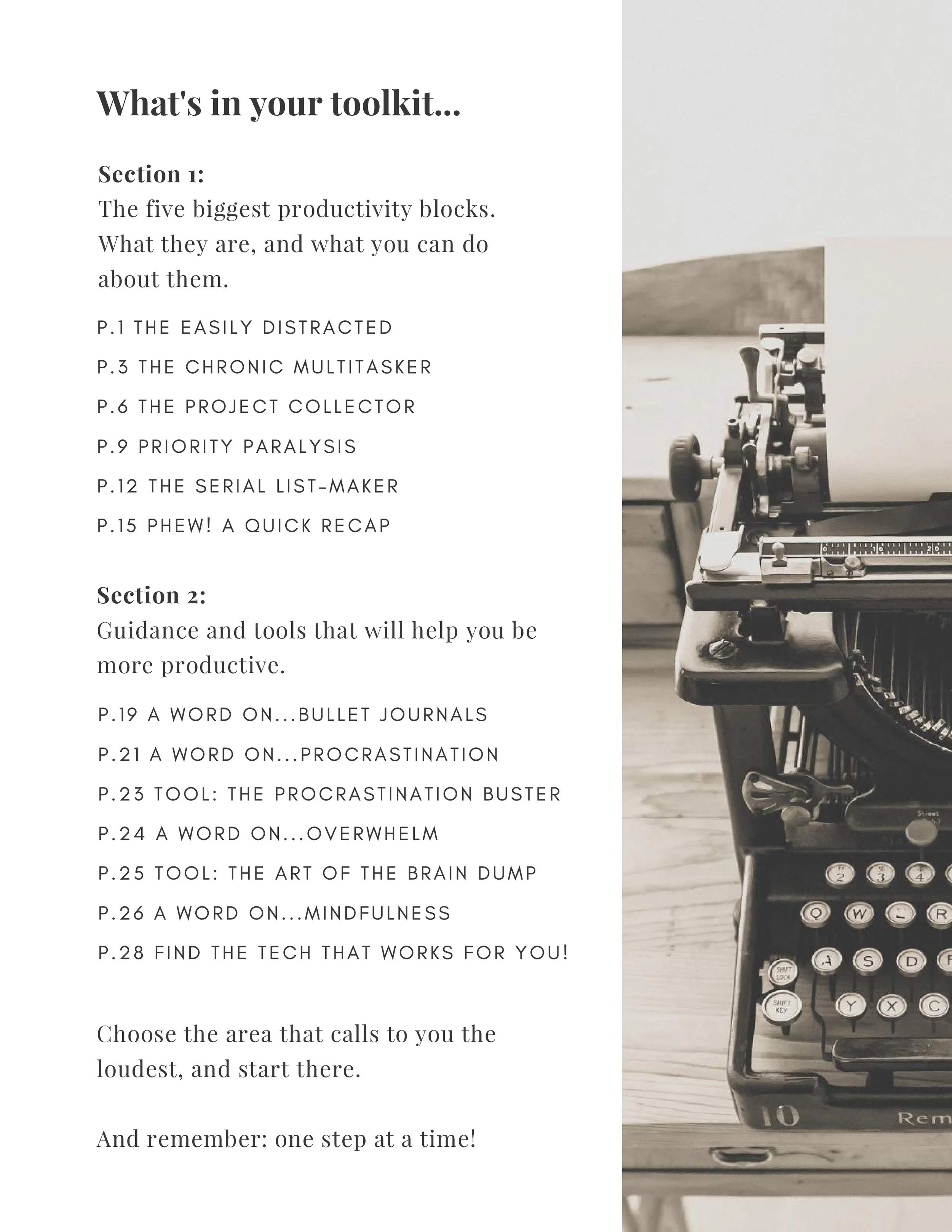 Productivity Toolkit Contents Page