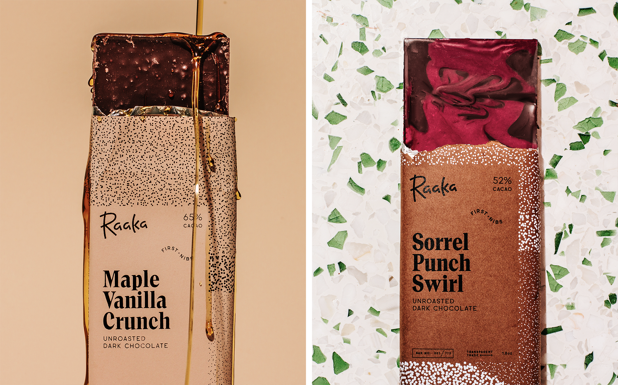    ↑ Every month Raaka produces innovative small-batch bars, known as First Nibs. These bars feature dotted monochromatic interpretations of the origin-inspired artwork, depicting the formation of Raaka's inventive flavors.   