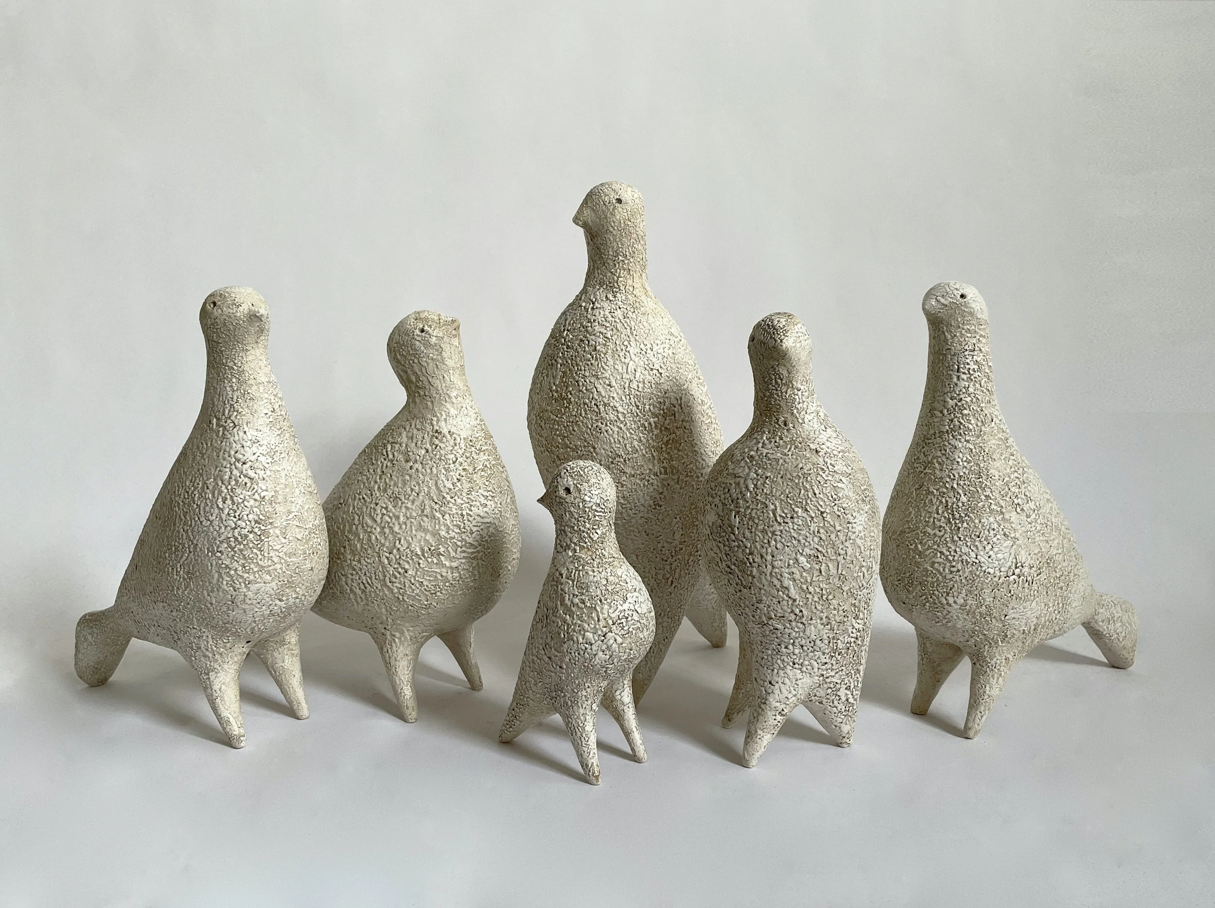  Ponti birds in stoneware ceramic with applied layers of slip, oxides and glaze. These bird studies encompass themes of evolution, response to landscape, orgamic form and patterns in nature. Available from Garde, Los Angeles 