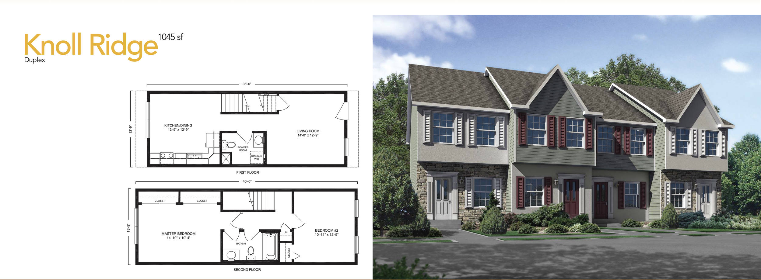 duplex Modular house with two levels, showing a 36-foot by 40-foot layout. The first floor includes a kitchen/dining area, a living room, a powder room, and a laundry area.