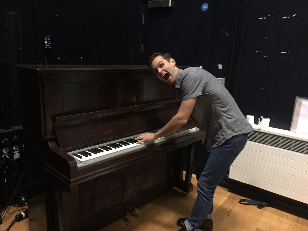 Our fake piano (really an electronic keyboard in a shell)... loaned to us by the kind folk at the National Theatre.