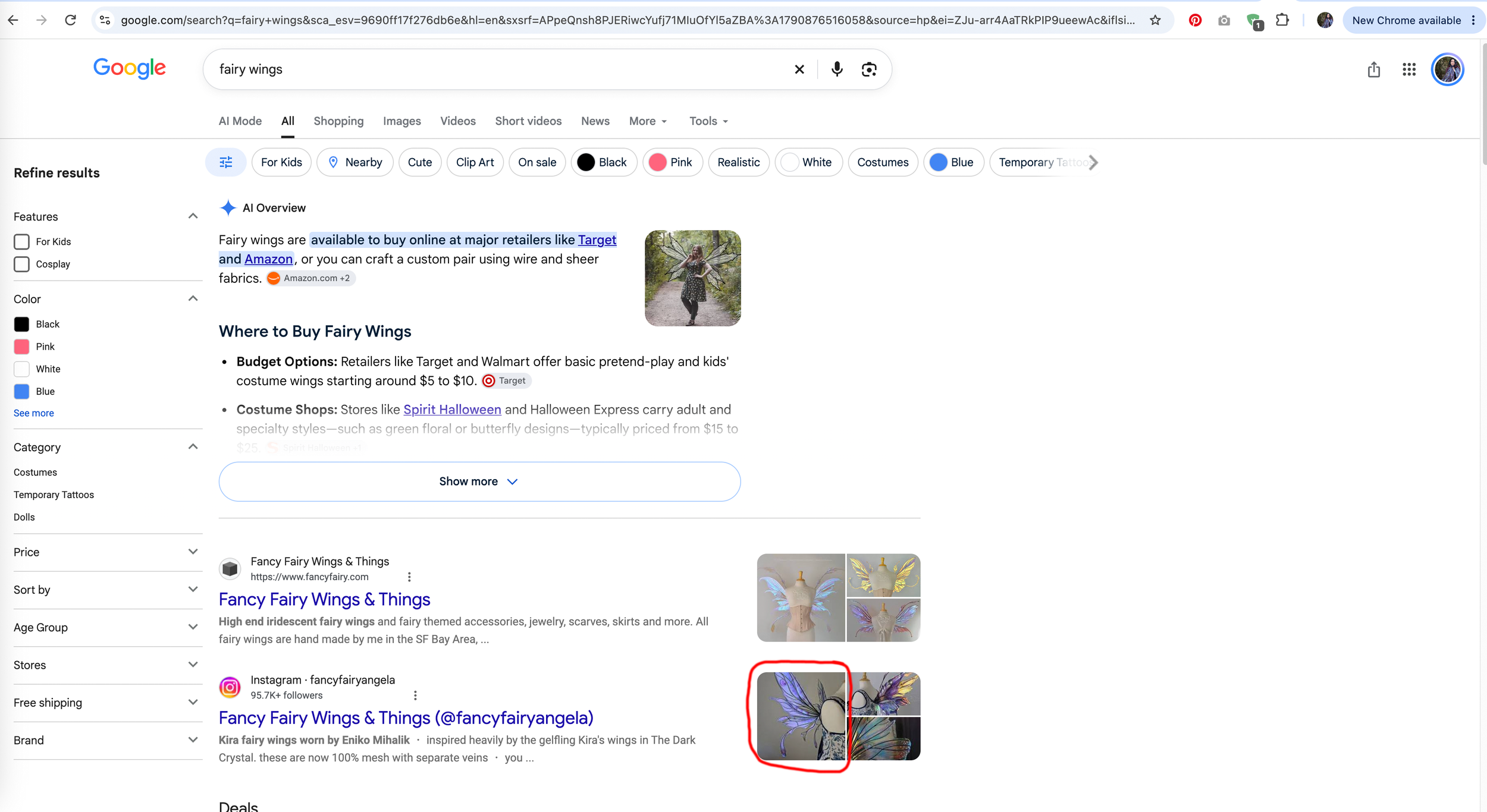 Screenshot of a Google image search showing my Elora fairy wings from my Instagram post, circled in red