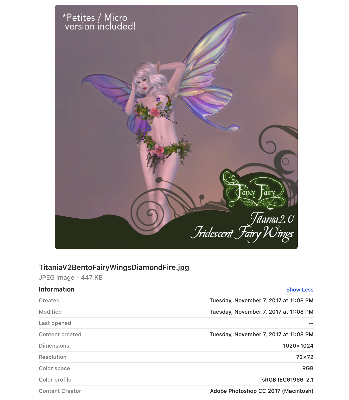 screenshot of the Titania 2.0 fairy wings SL vendor image showing a date of Nov. 7 2017