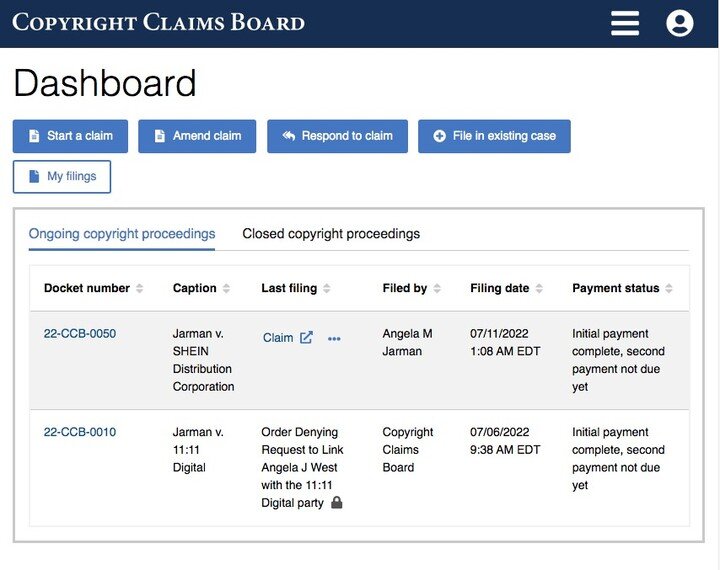 The Copyright Claims Board is open for business, and I've already filed 2 claims in less than a month:
Jarman v. 11:11 Digital (Paris Hilton)
and 
Jarman v. SHEIN
There's also an NPR podcast out now from @planetmoney that interviewed me about my clai