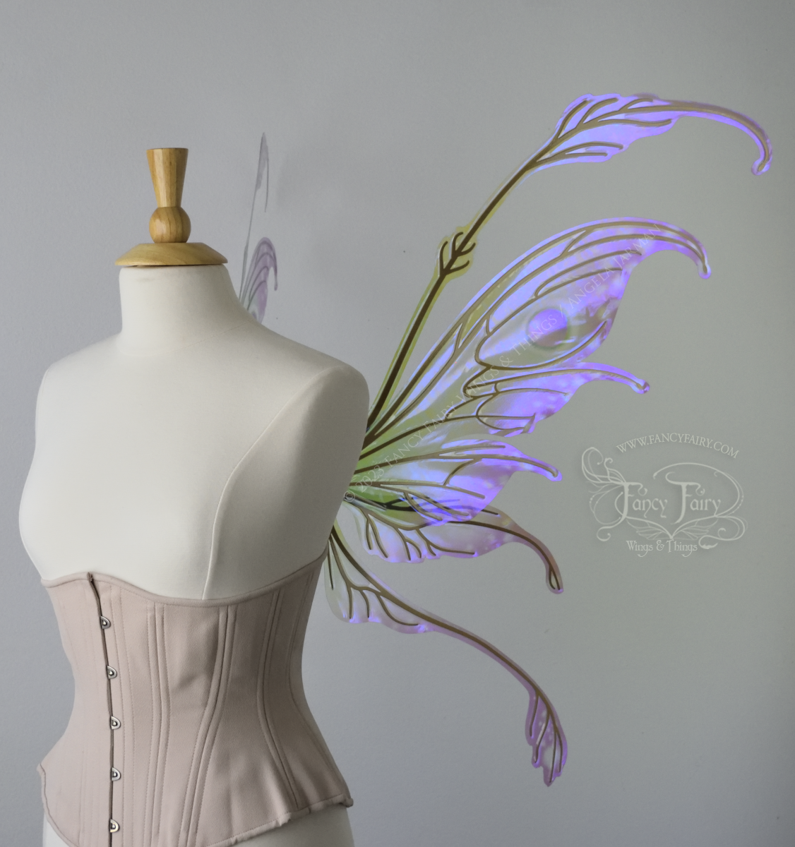  Right side view of a dress form wearing an underbust corset &amp; 'Fauna' transparent pink, violet &amp; green iridescent fairy wings with downward curved tips, antennae &amp; wispy 'tails', with gold veining 