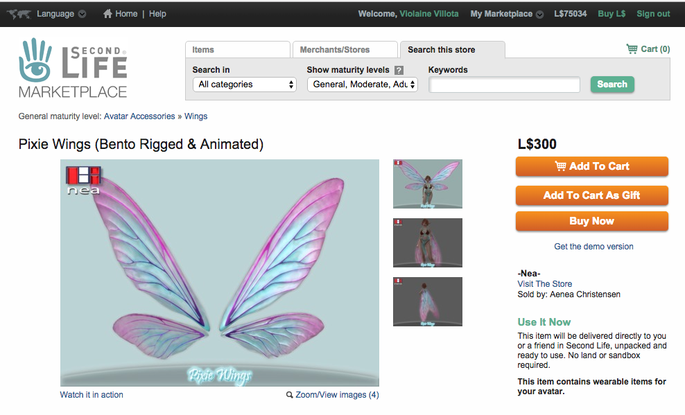  Aenea Christensen’s listing on SL Marketpace for the first version of their wings that copied my Teasel wing design. 
