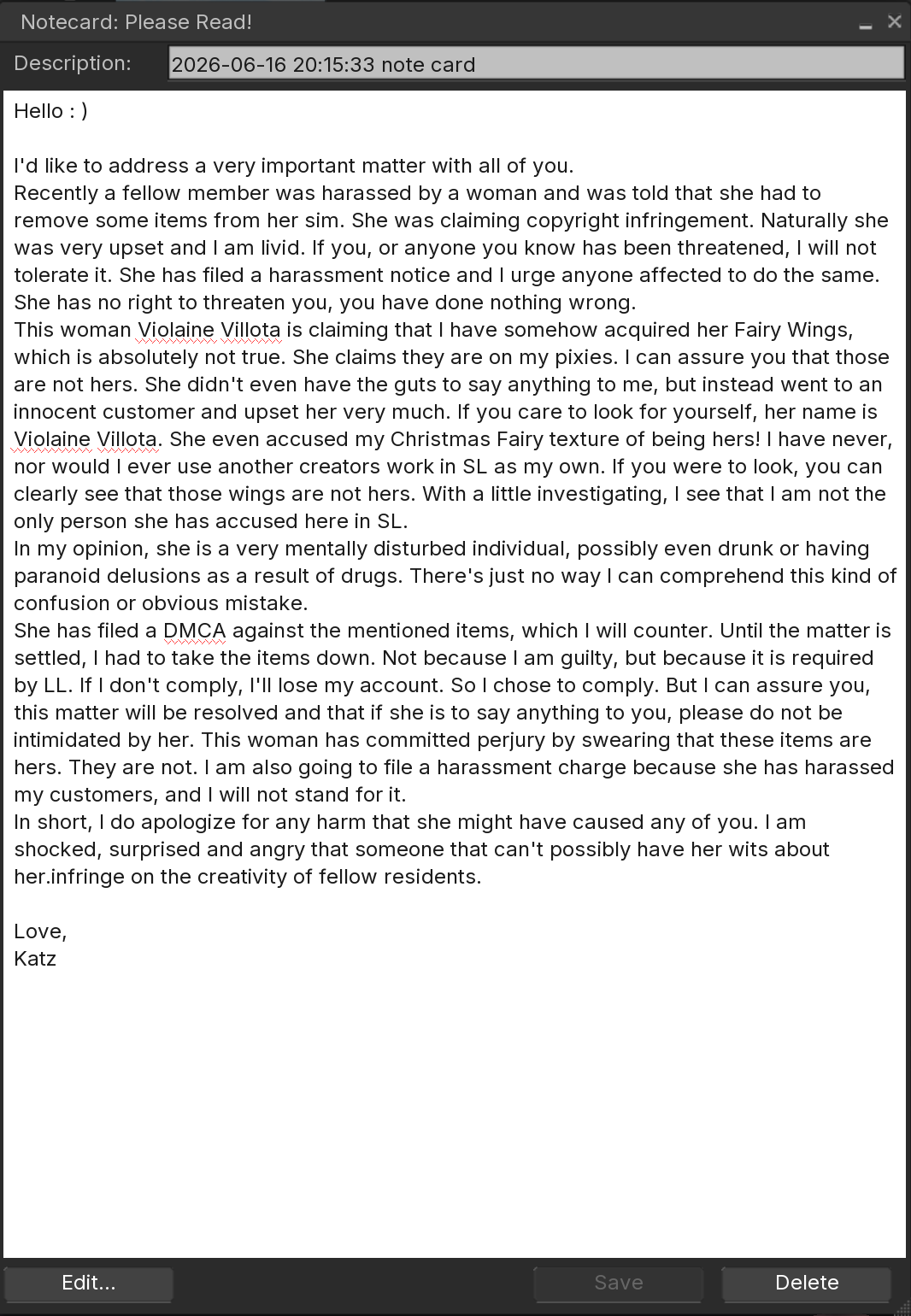Screenshot of a text notecard from Bad Katz Republic in SL filled with lies and misrepresentation of my efforts to address the infringements spawned by her products.