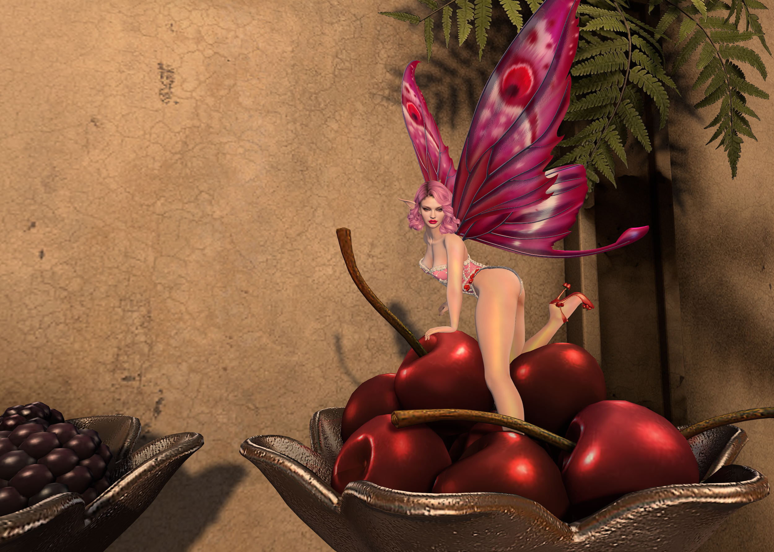 Second Life photo of a fair skinned, pink haired fairy shot from the side. She has large pink & red wings with a matching bodysuit, she's posing on a bowl of cherries with her back leg kicked up, wearing red cherry heels.