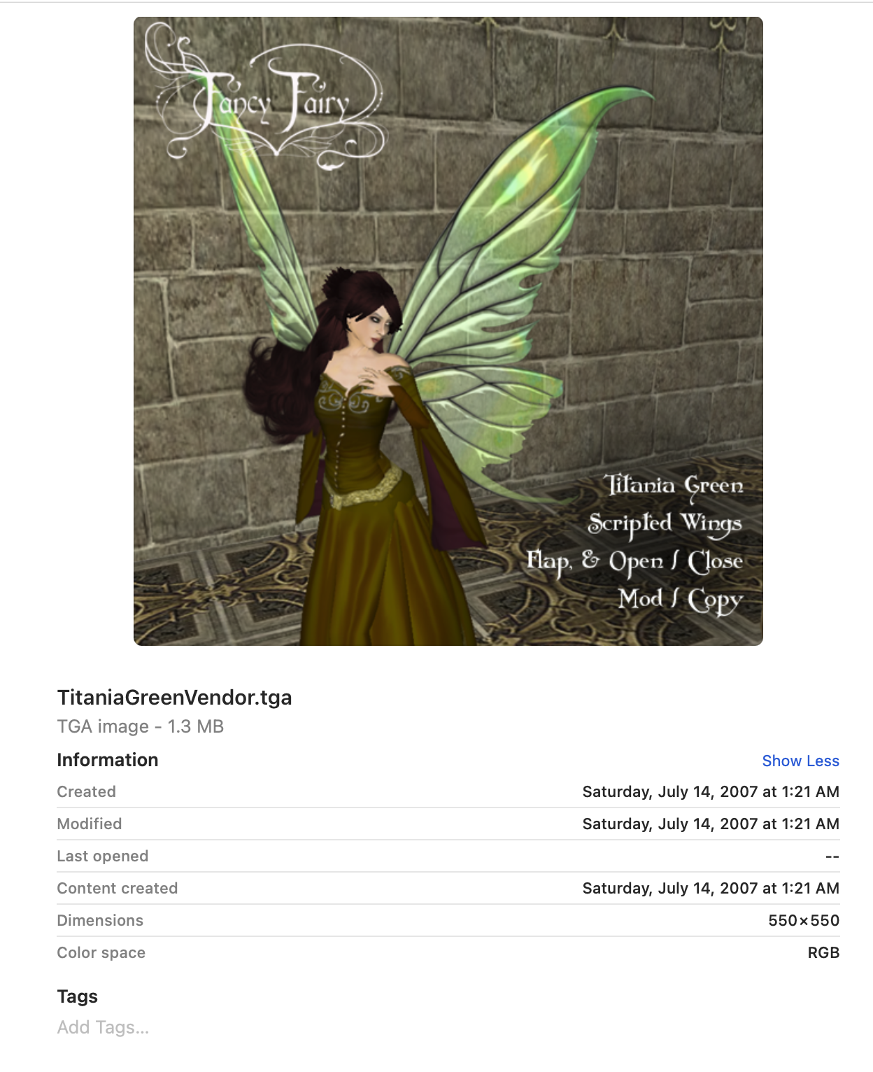 Screenshot showing SL vendor image file for Titania Green Scripted Wings, dated July 14, 2007. Image shows white female avatar with dark brown long hair wearing light green iridescent fairy wings and olive green medieval gown.