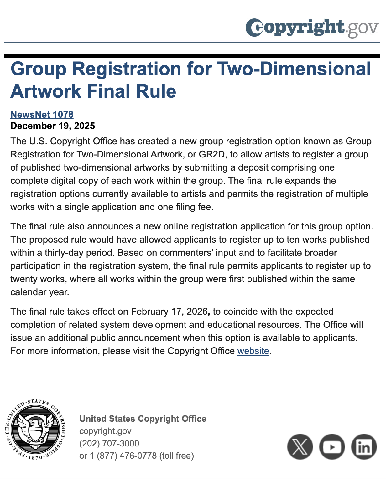 Email screenshot from Copyright.gov announcing that 2D artwork can be registered in a group of up to 20 different works on a single registration, starting February 17, 2026
