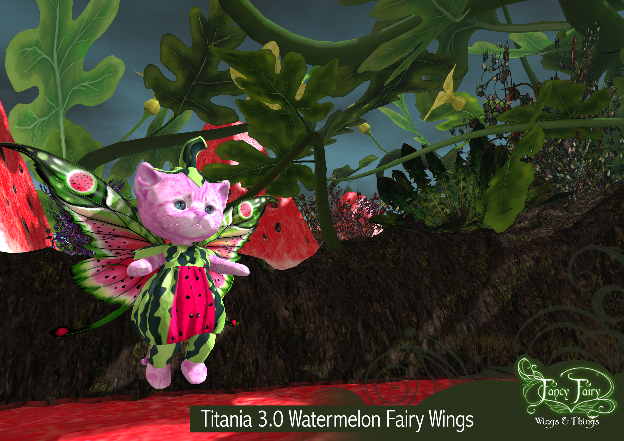 SL photo of a pink dinkie cat wearing a watermelon outfit and matching wings, floating over a watermelon pool with giant watermelon slices in the background
