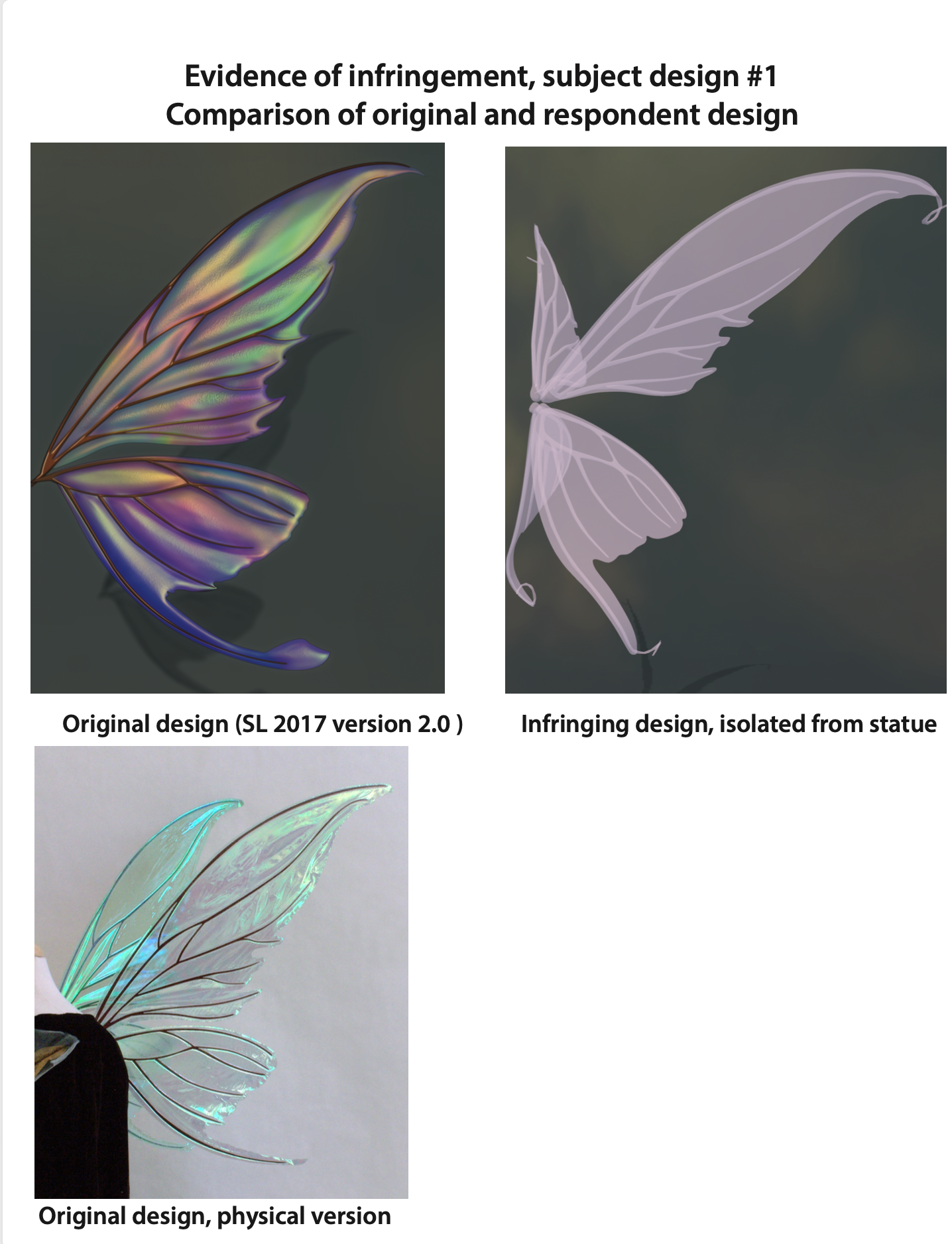 Comparison of my original Titania Fairy Wings and Bad Katz infringing wings titled Evidence of Infringement, subject design #1