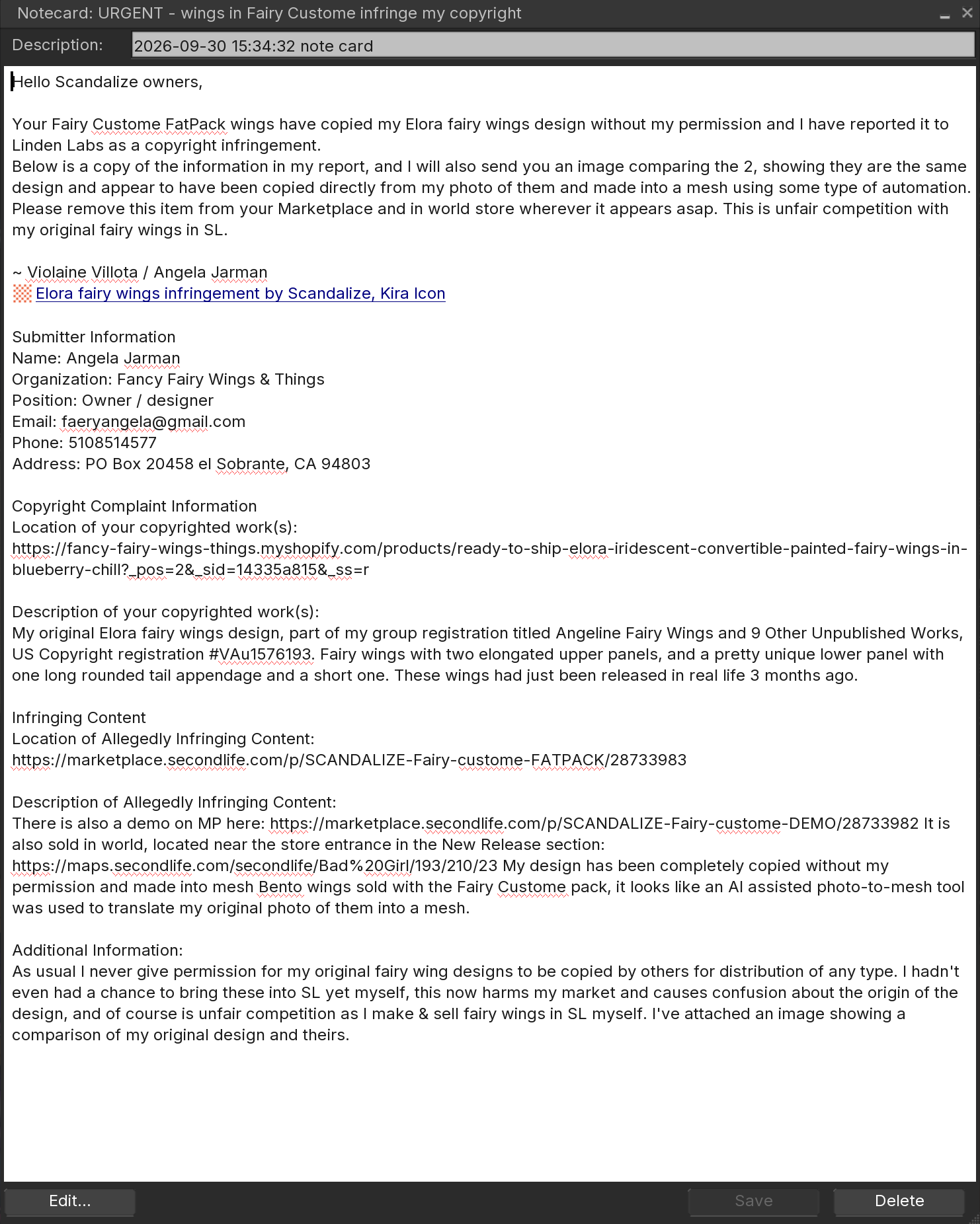 Screenshot of 1st notecard sent to Kira Icon with a copy of the DMCA asking for removal of the in-world wings and the Marketplace listing.