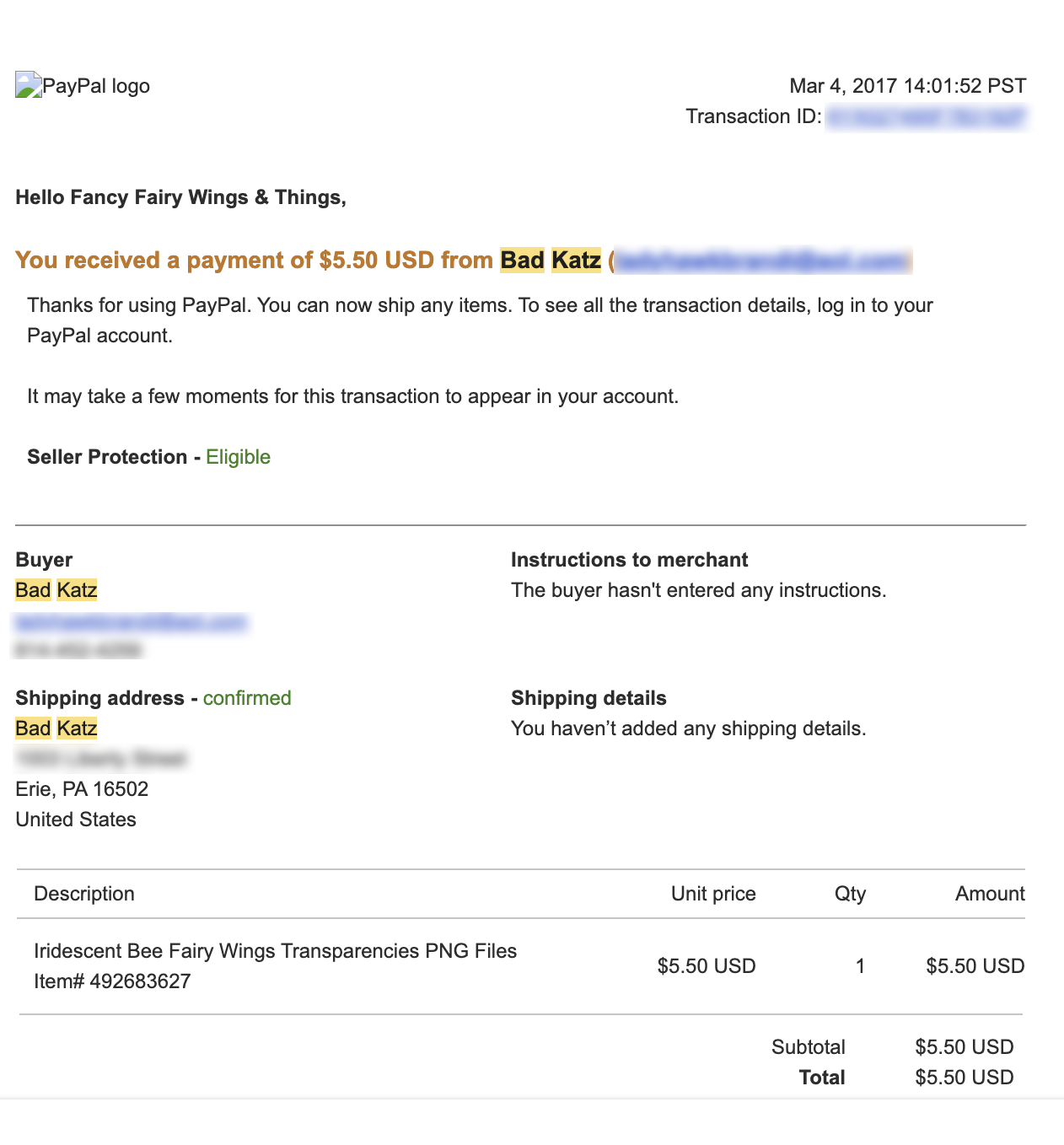 Paypal sale receipt from Bad Katz for Iridescent Bee Fairy Wings Transparencies PNG Files, with email, ph# and address censored except for the state and zip