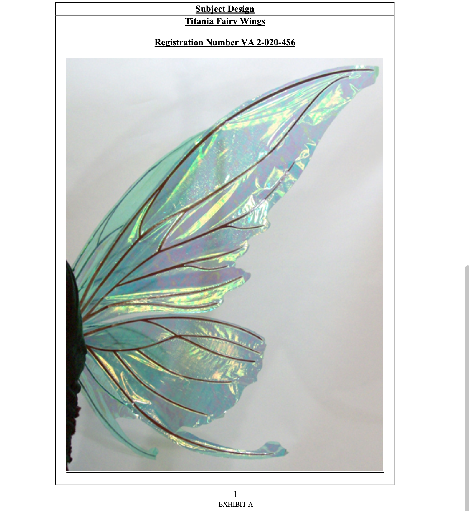 Image from Exhibit A of the lawsuit showing a photo of the Titania Fairy Wings in a light green iridescent color against a plain white background, with Registration Number VA 2-020-456