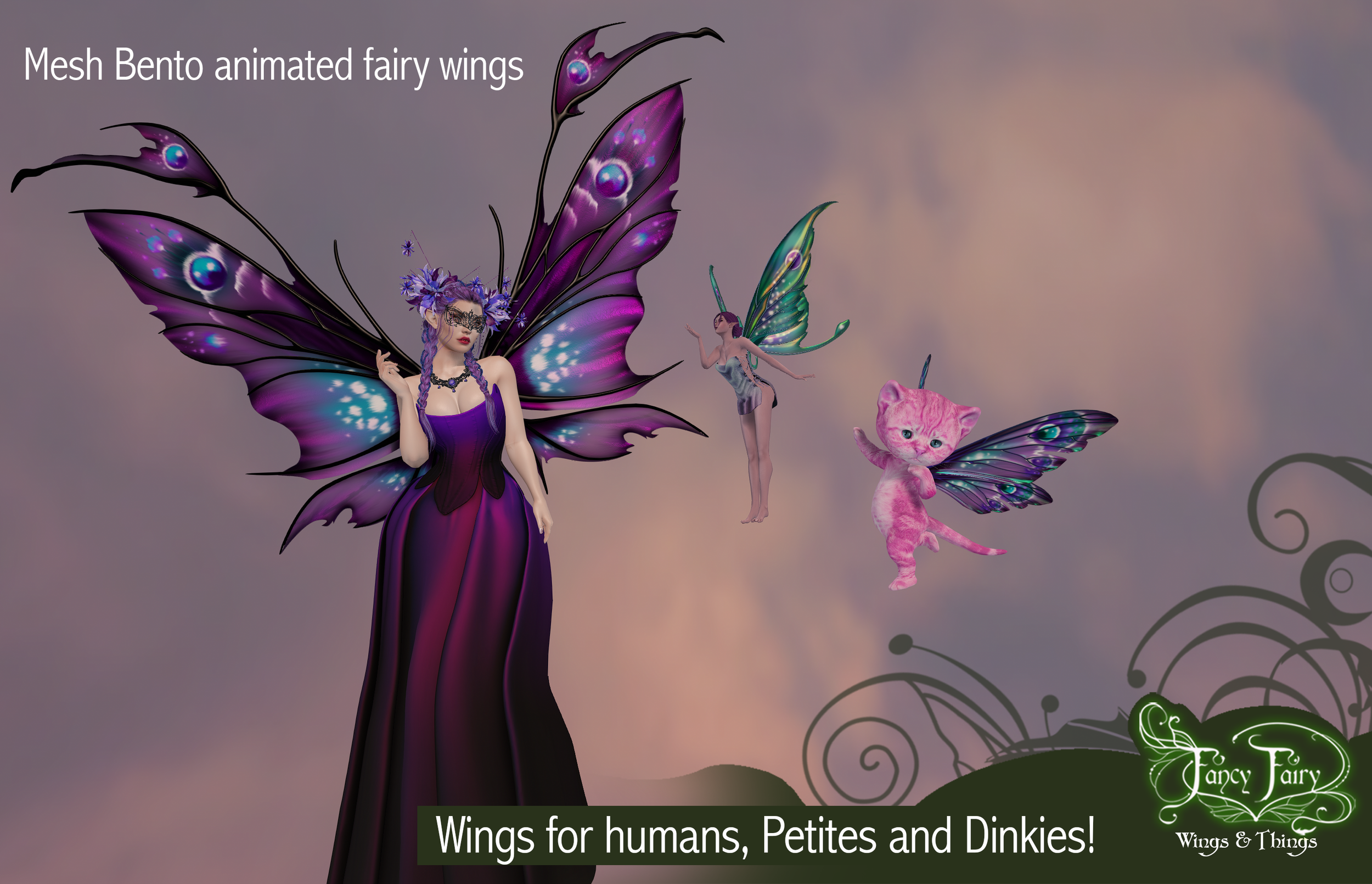Second Life photo showing a human sized fairy in purple, looking at a tiny fairy & fairy cat flying near