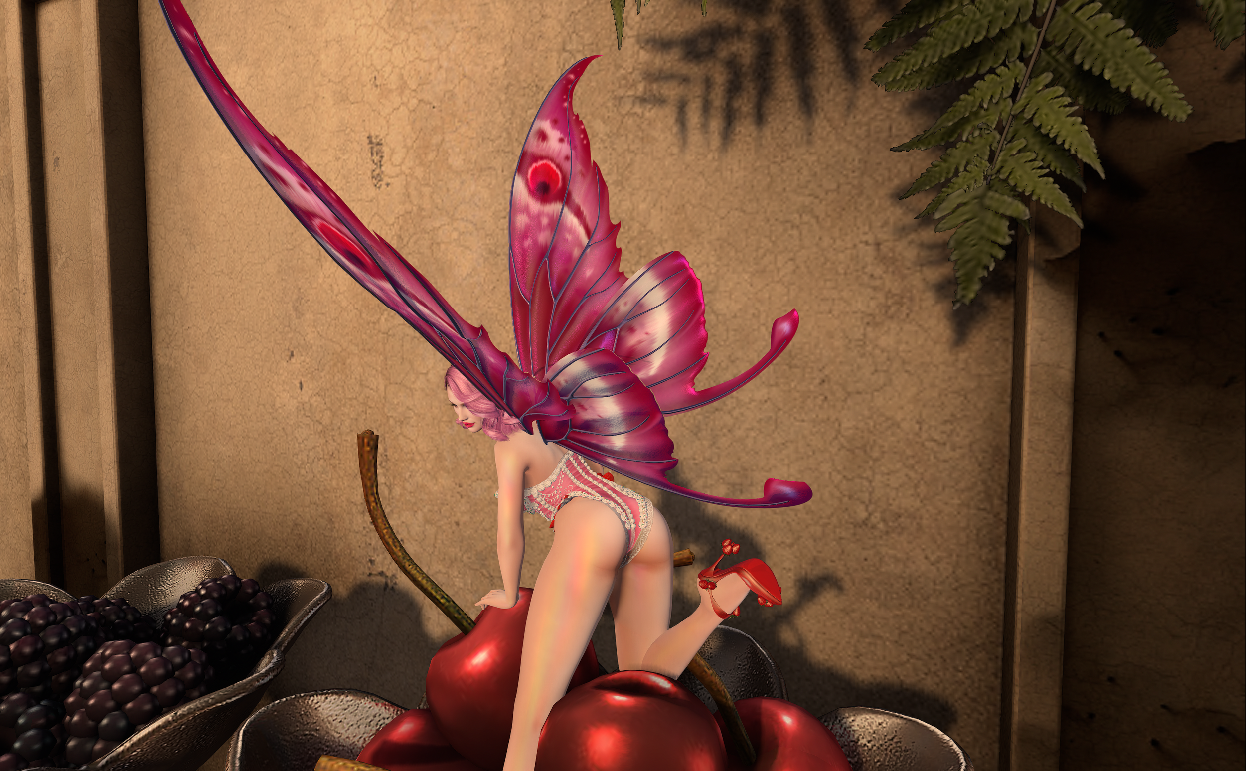 Second Life photo of a fair skinned, pink haired fairy shot from slightly above and behind. She has large pink & red wings with a matching bodysuit, she's posing on a bowl of cherries with her back leg kicked up, wearing red cherry heels.