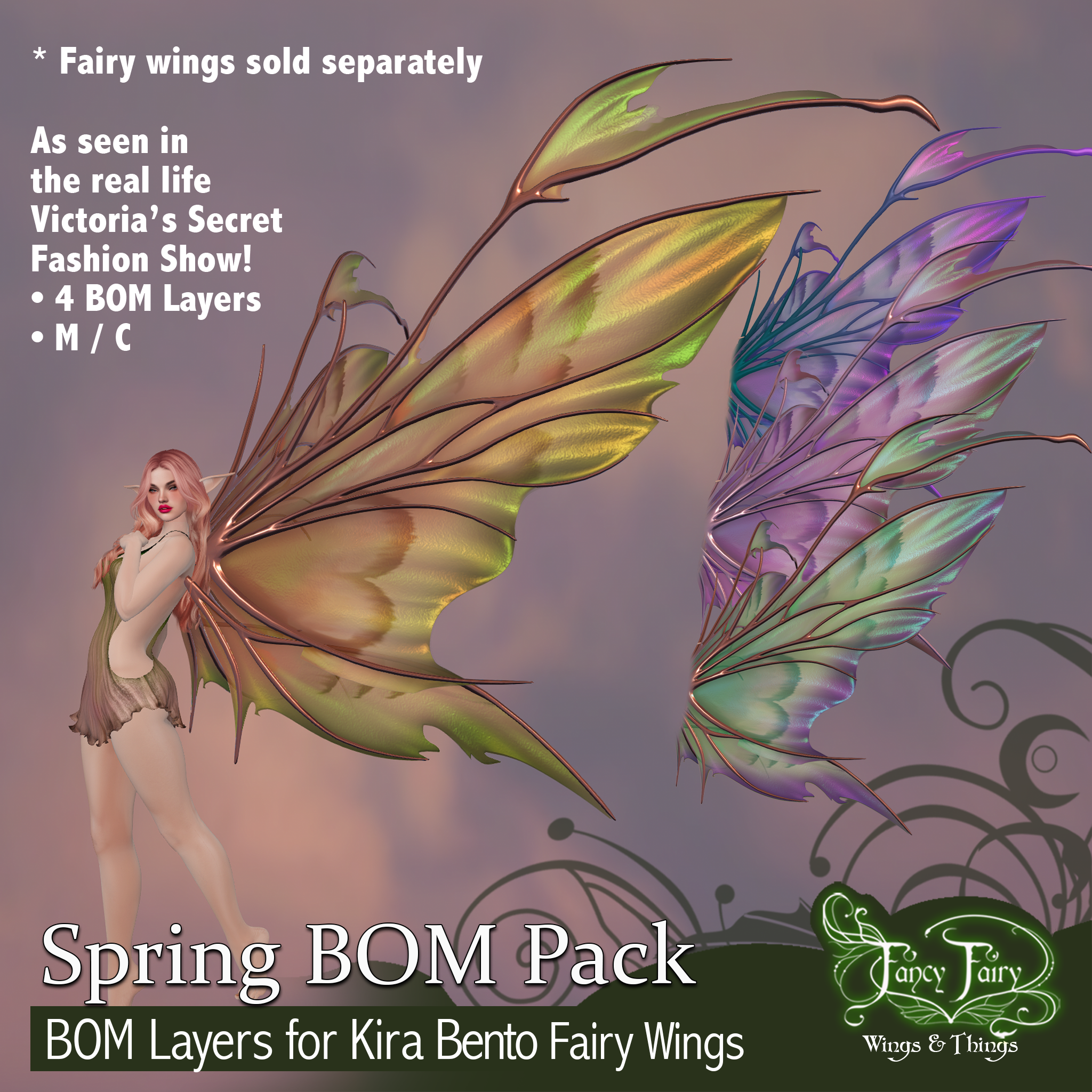 Second Life ad showing a fairy wearing iridescent wings in peaches, brown and green, with antennae, and 3 other smaller wings in other colors on the right side