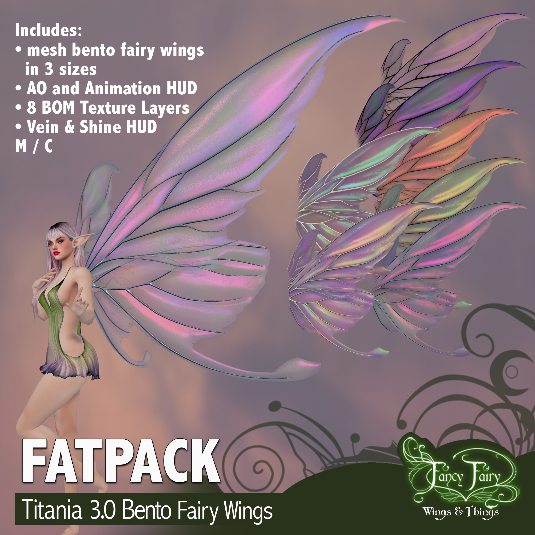 Ad for Titania 3.0 fairy wings for Second Life showing iridescent fairy wings in a shape similar to luna moths, with 7 smaller wings showing various colors of it.