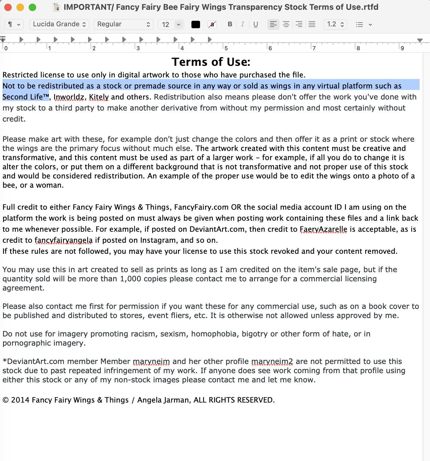 Screenshot of the Terms of Use file included with the Bee Fairy Wings Transparency Stock that Bad Katz purchased, stating it's not to be distributed in any way in Second Life