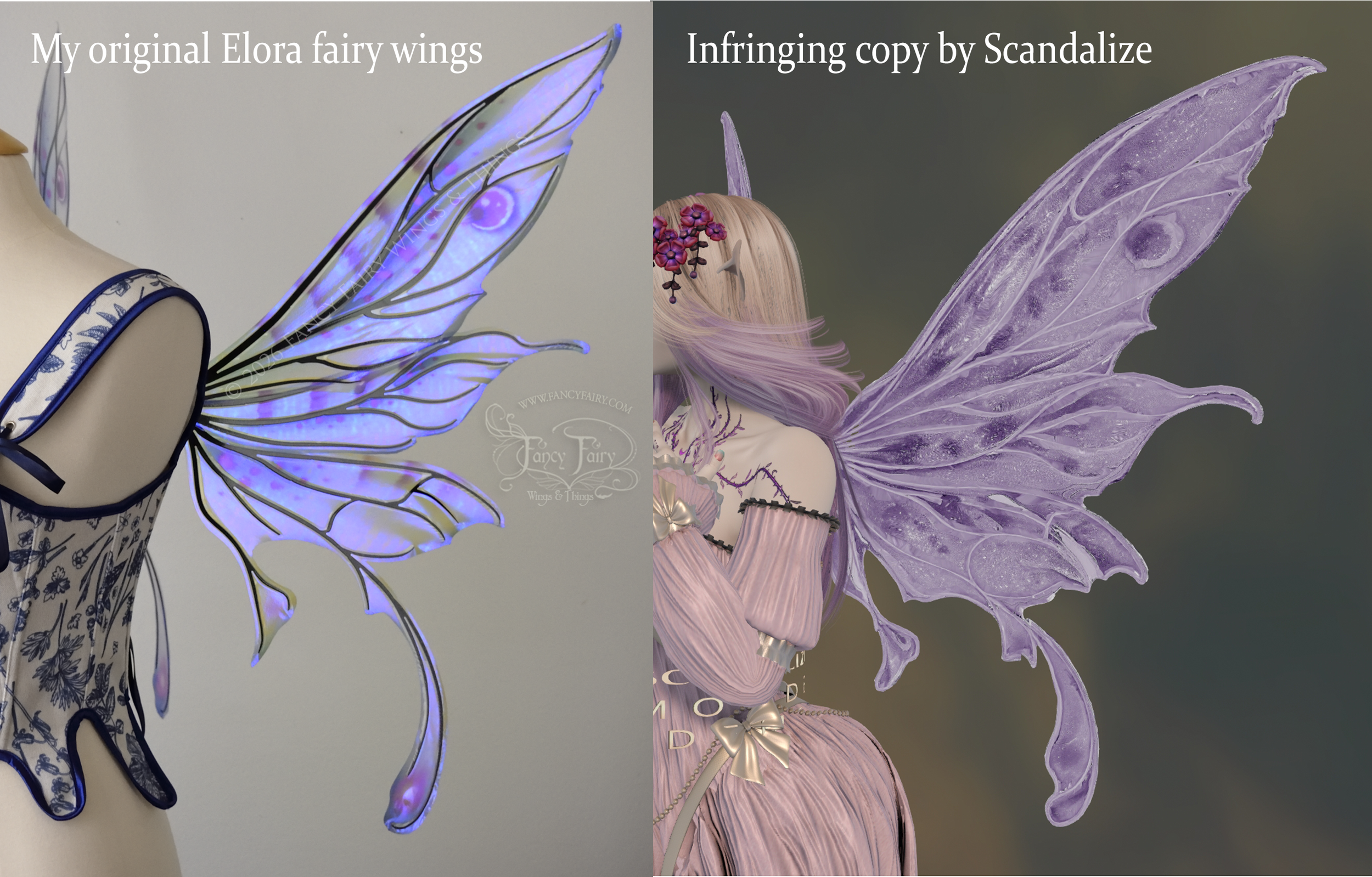 Side by side comparison of real life bllue & violet iridescent fairy wings with unique tails, and on the right a copy in 3D mesh of the same wing design