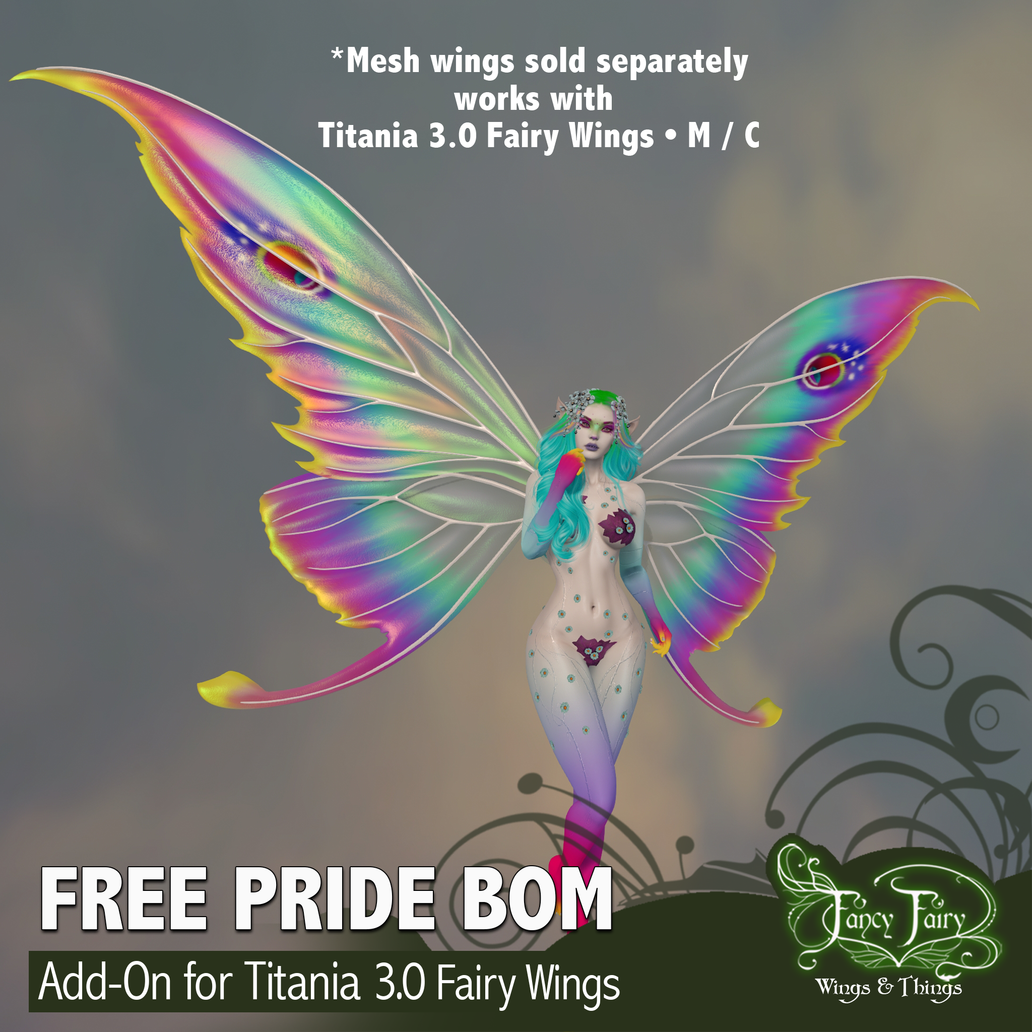 Second Life ad for fairy wings BOM texture showing an image of a pale fairy with bright rainbow colored fairy wings, hair, and rainbow colors fading from arms and legs