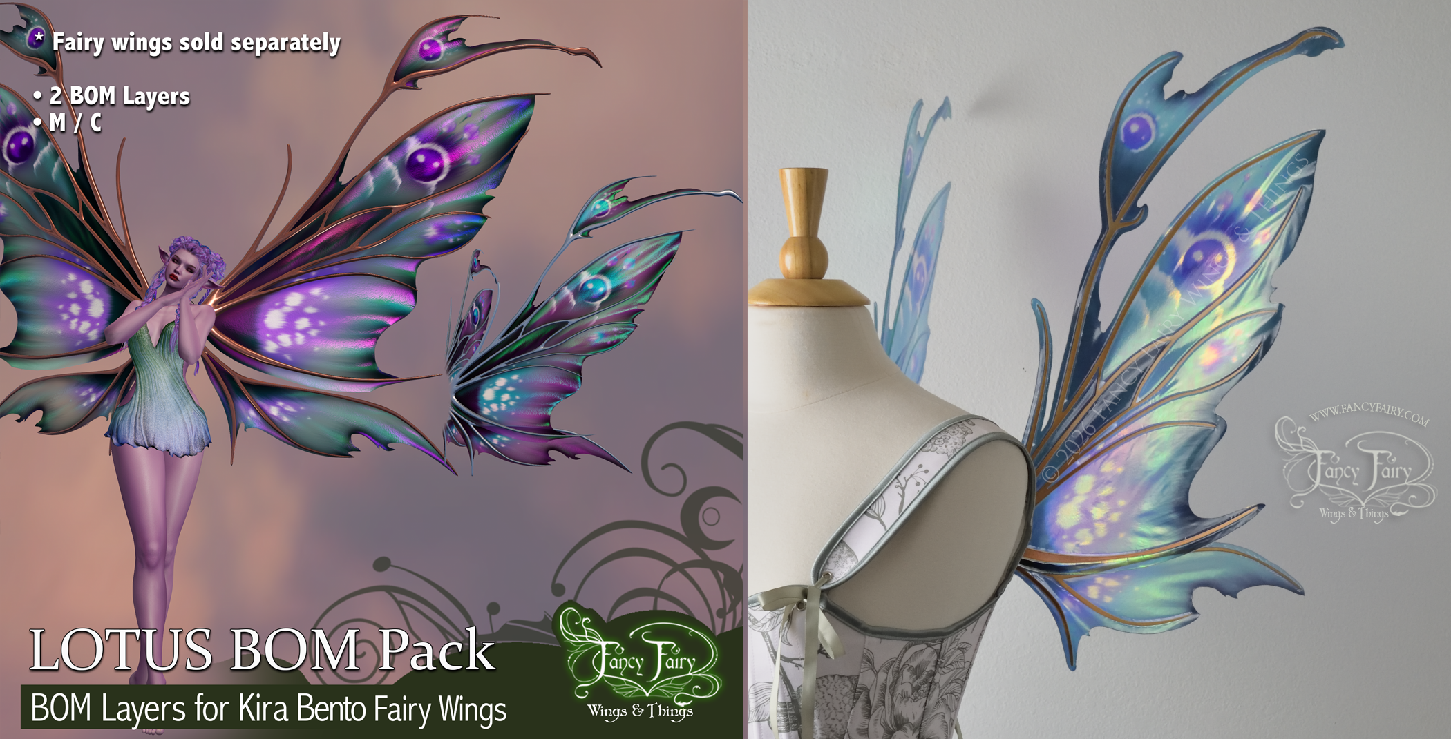 Side-by-side of a Second Life photo showing a fairy wearing iridescent fairy wings in teal and purple with a spikey profile next to a real life photo of the same wings on a dress form