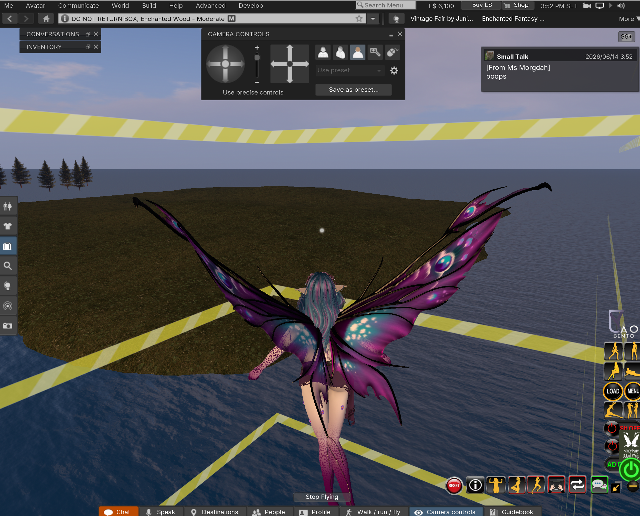 Screenshot showing my SL avatar in a 'ban box' with yellow ban lines. The SLurl shows 'DO NOT RETURN BOX, Enchanted Wood, which is where Enchanted Fantasy is located.
