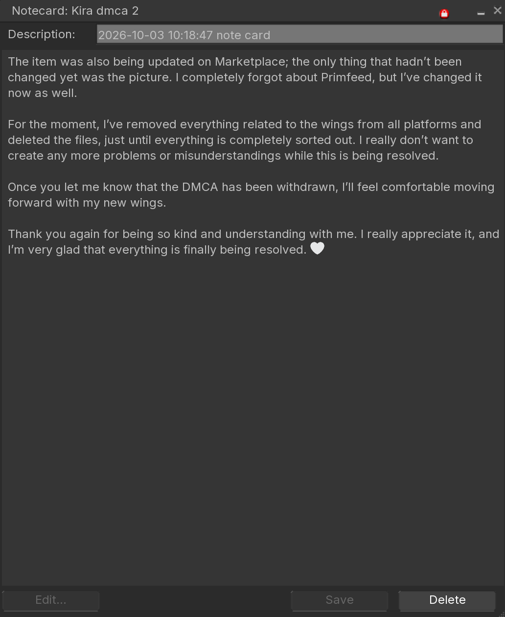 Screenshot from Kira Icon saying 'the item was being updated on Marketplace, that only the picture had not been change yet and she forgot about Primfeed but changed it as well. She states she's removed everything related to the wings & deleted files