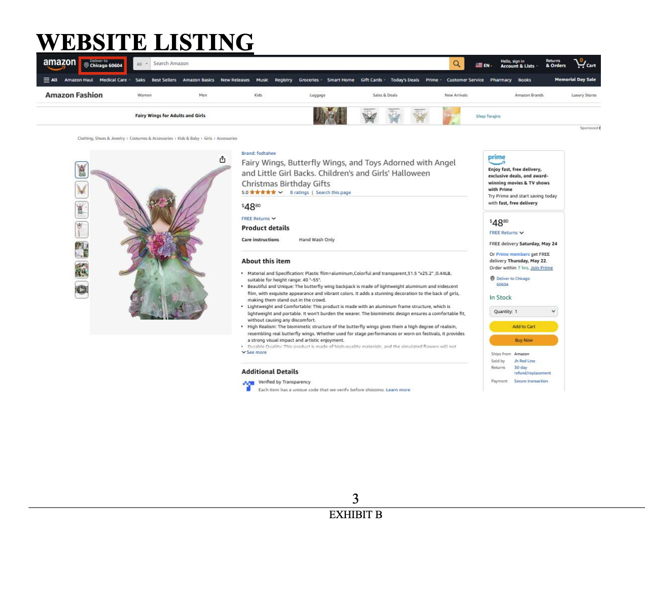 Exhibit B showing a screenshot of Amazon store listing for the Fodtahee copycat fairy wings listing, being sold for $48